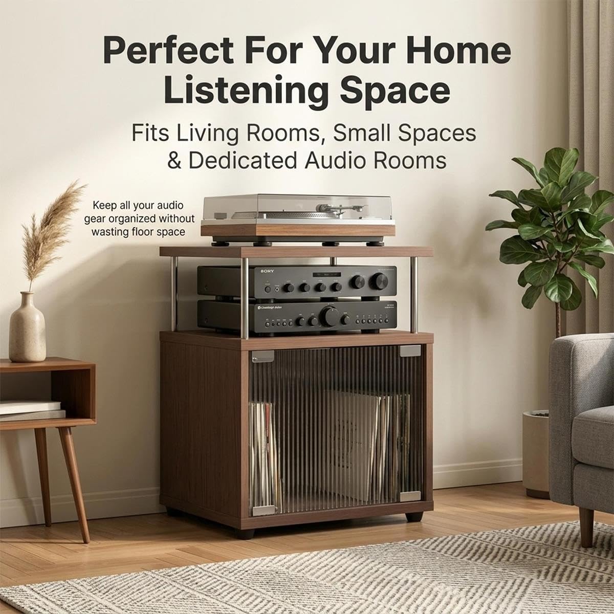 Mobile audio legno, supporto multimediale porta vetro, ripiani