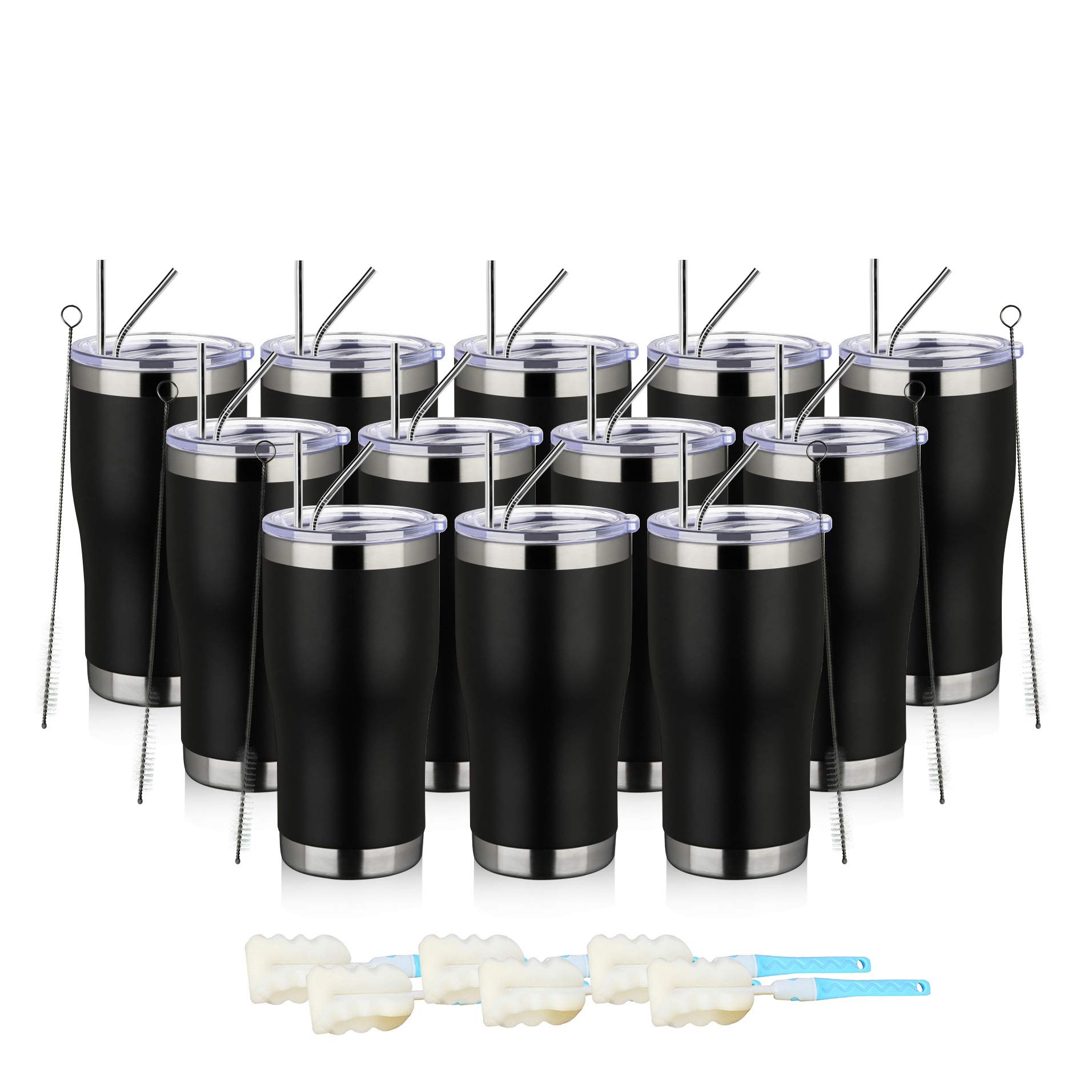 MEWAY 20oz Stainless Steel Tumblers 12 Pack Bulk, Vacuum Insulated Coffee Cup with Lid,Double Wall Powder Coated Travel Mug Gift,Thermal Cups Keep Drinks Cold & Hot(Black,Set of 12)