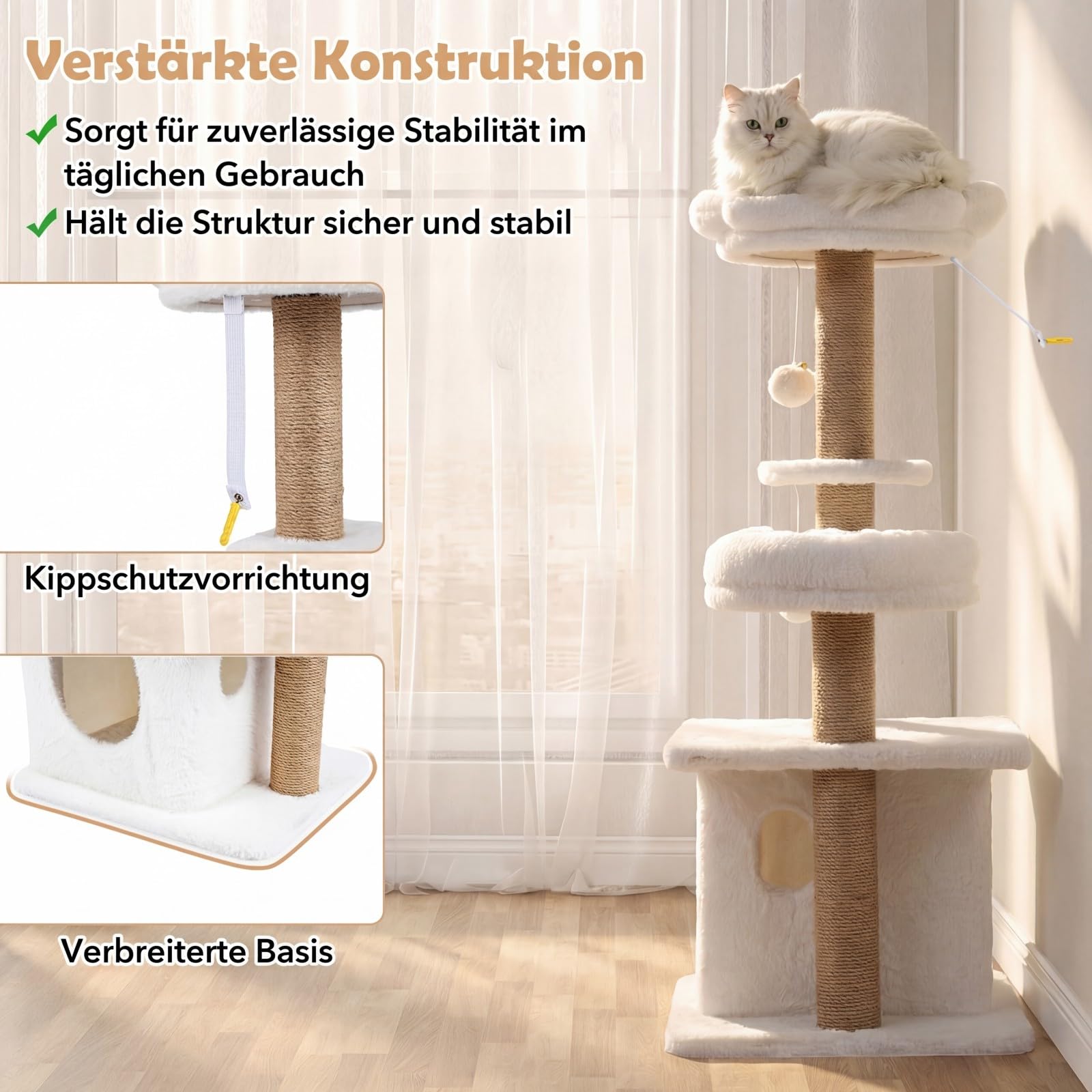 COSTWAY Kratzbaum, 96 cm, Katzenbaum mit Katzenhöhle, Plattform, Bett, großer Basis & 2 Bällen, Dicke Stämme aus Jute, Katzenkratzbaum Holz, Katzen Katzenmöbel, Kletterbaum Aktivitätsbaum (Beige)