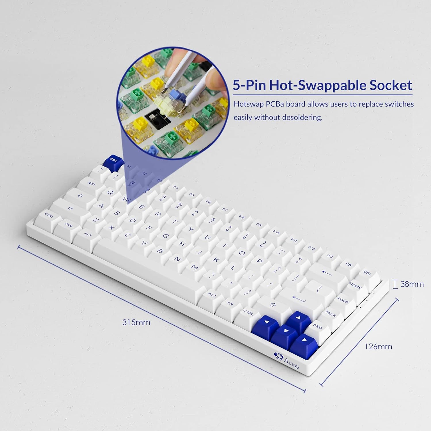 Akko Blue on White 75% Hot-swappable Mechanical Gaming Keyboard with PBT Keycaps, 2.4G Wireless/Bluetooth/Wired 3084B Plus 84-Key RGB Keyboard, Compatible with Mac & Win (Jelly Pink Switch)