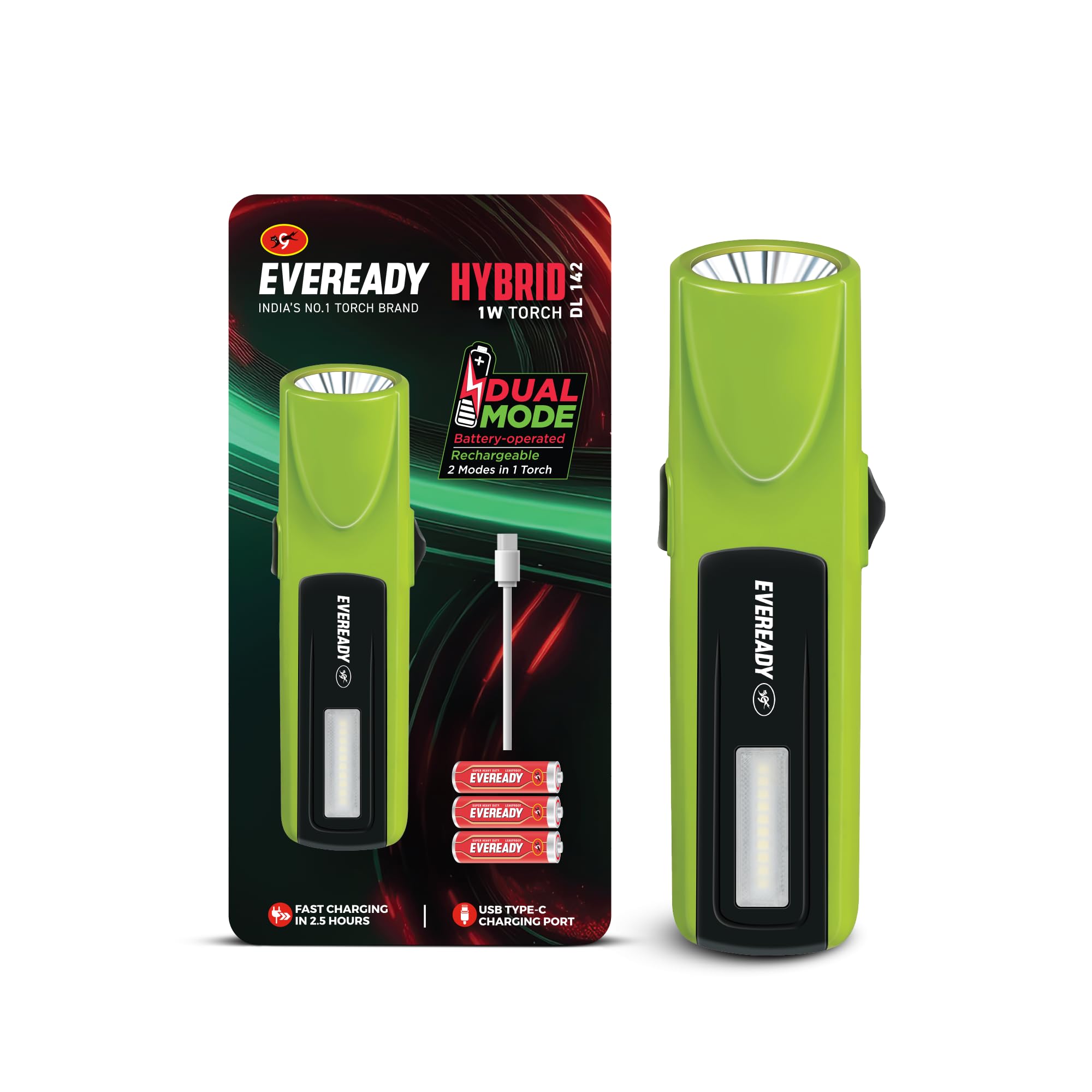 Eveready Hybrid DL142, Rechargeable 1W Torch + 1W Emergency Sidelight, India’s 1st Hybrid Torch, Durable ABS Build, Dually Powered by BIS Certified Li-ion & 3 AA Lithium Iron Batteries