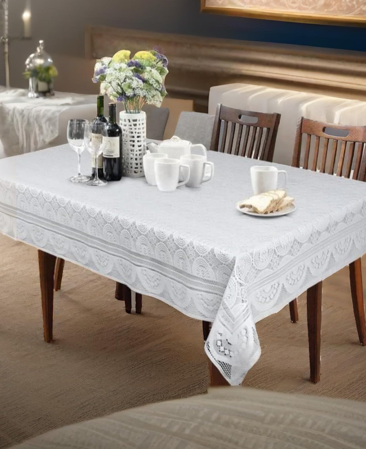 Weavers Villa Cotton Net Floral Rectangular Dining Table Cover for 6 Seater (White, 60x90 Inches, Pack of 1)-image-40