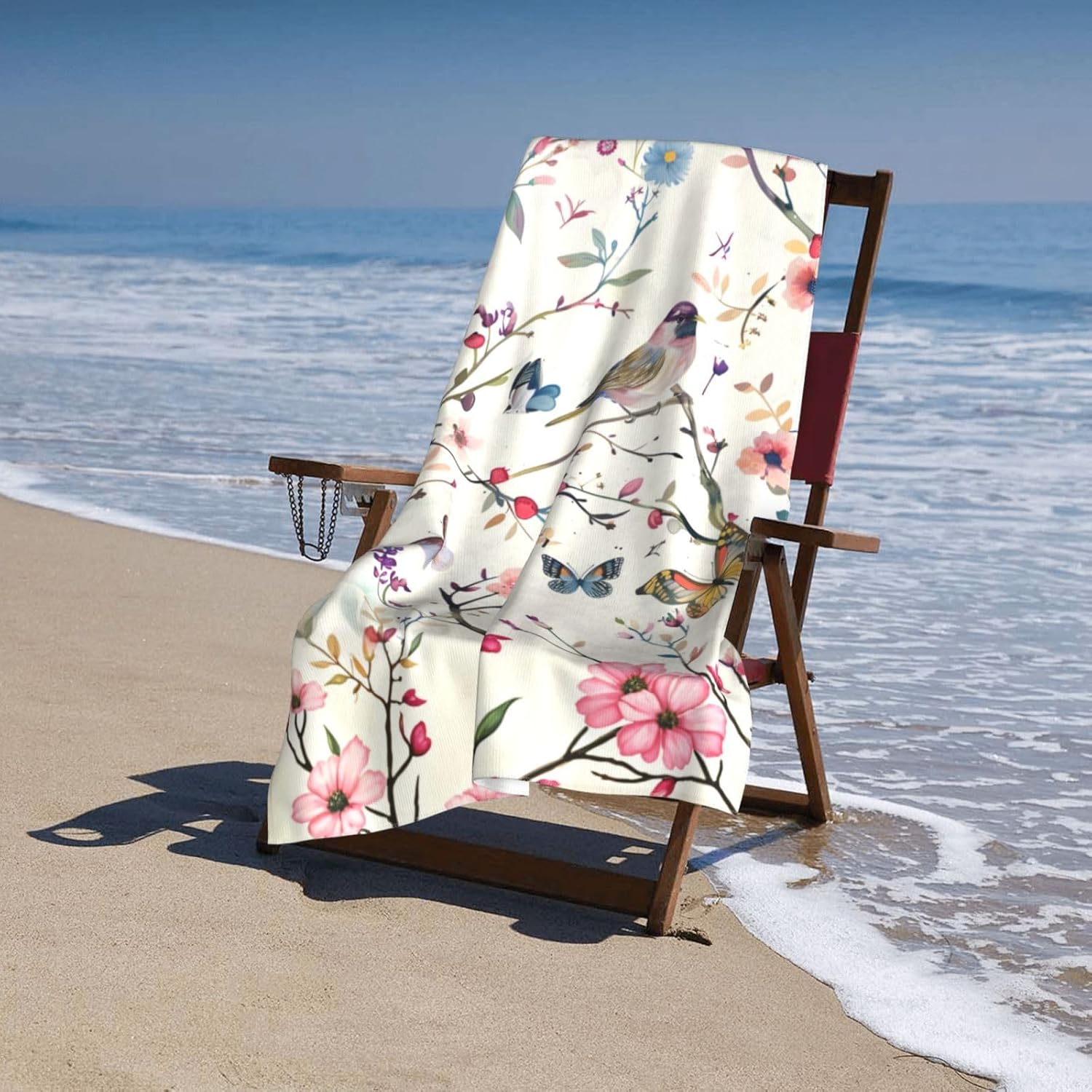 Birds and Blossoms Beach Towel 31inx51in, Colorful Spring Sand-Free Microfiber Bath Towel Ultra Soft Quick Dry Pool Towel Absorbent Towel Lightweight Towel for Swimming Bathroom Decor