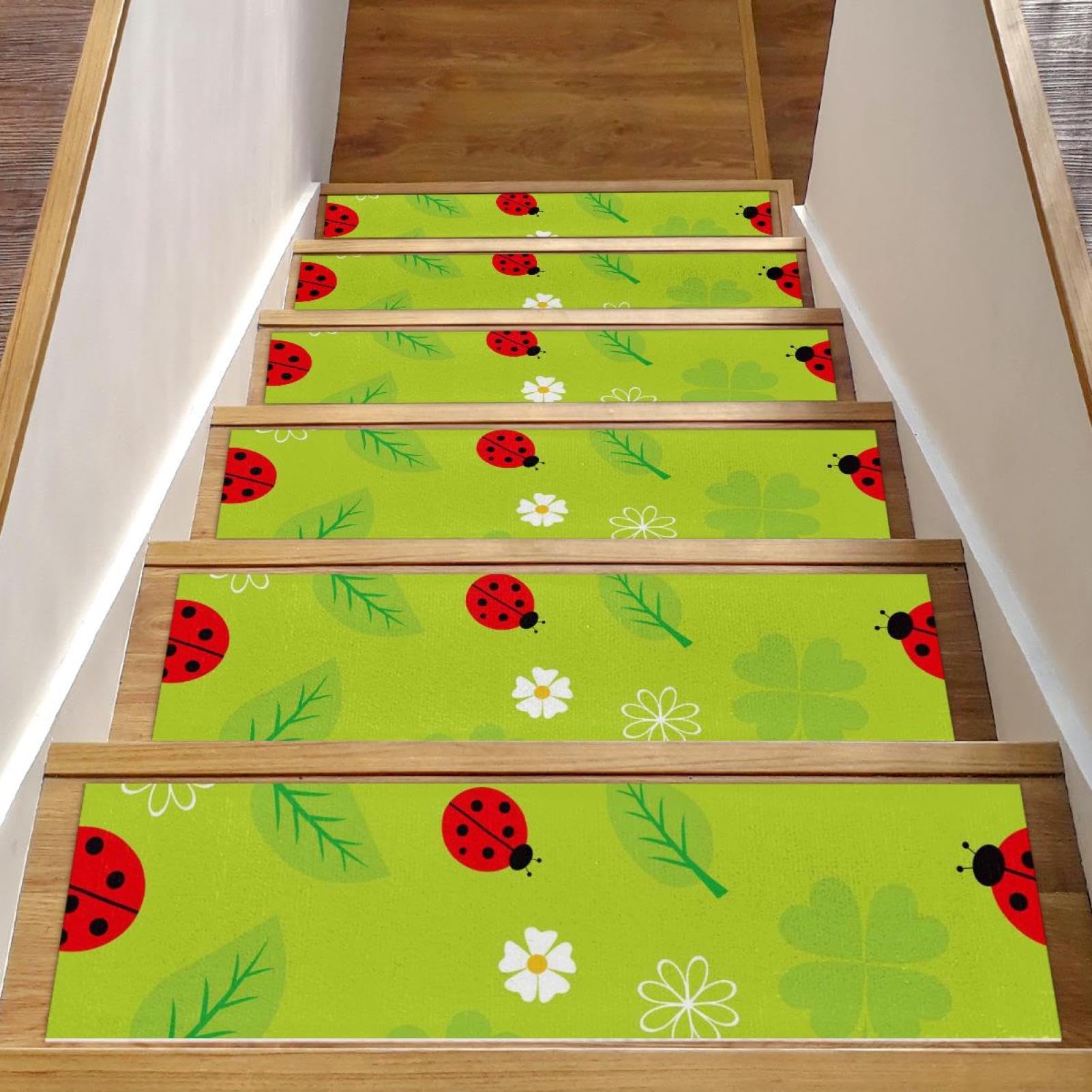 Alfombrillas de escalera para interiores con diseño infantil de mariquita verde hogar seguro