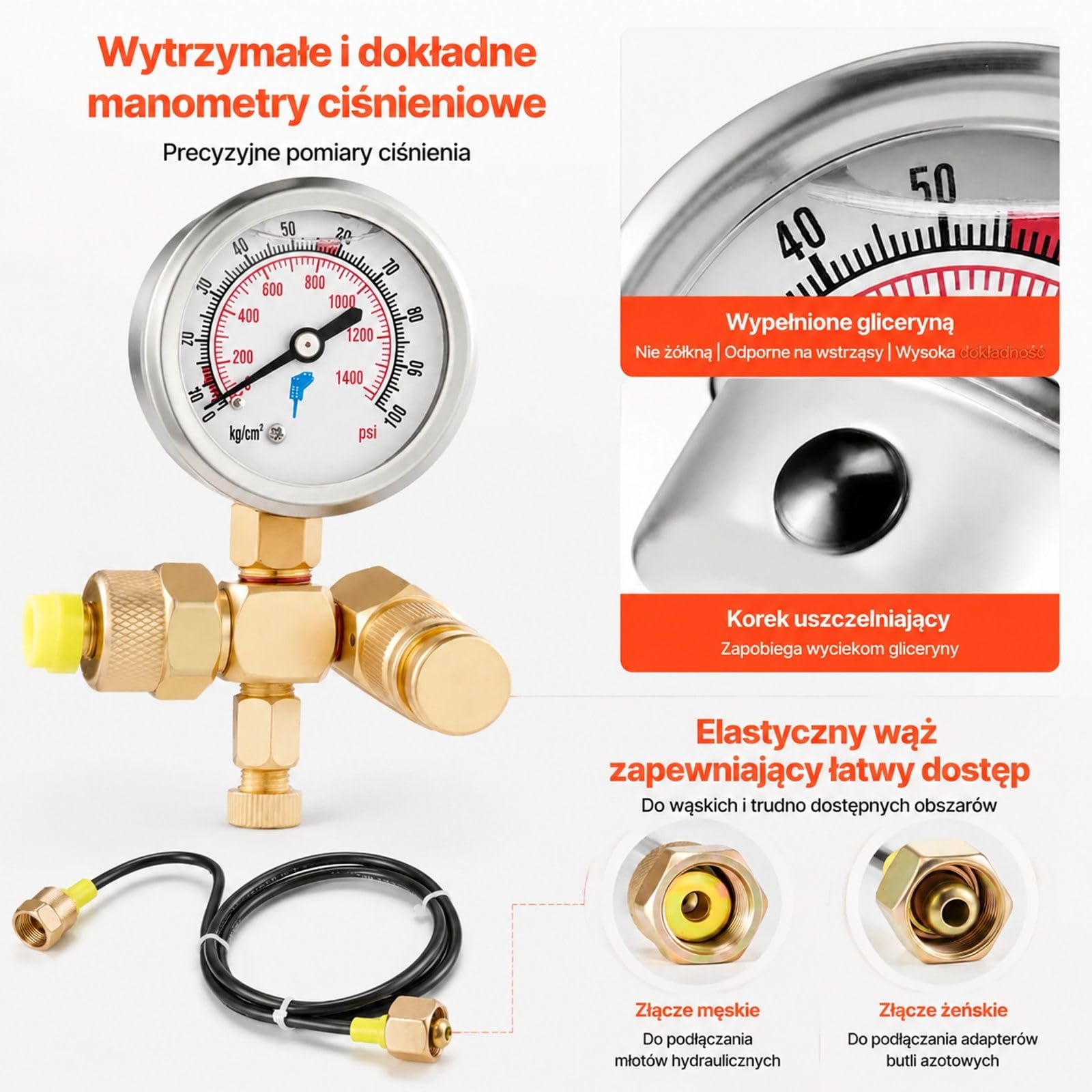 Zestaw do napełniania hydraulicznego akumulatora azotem, system testowania ciśnienia 0–1420 PSI z 1 manometrem, 1 wężem gazowym, 1 korpusem zaworu i 1 adapterem CGA580 do maszyn budowlanych