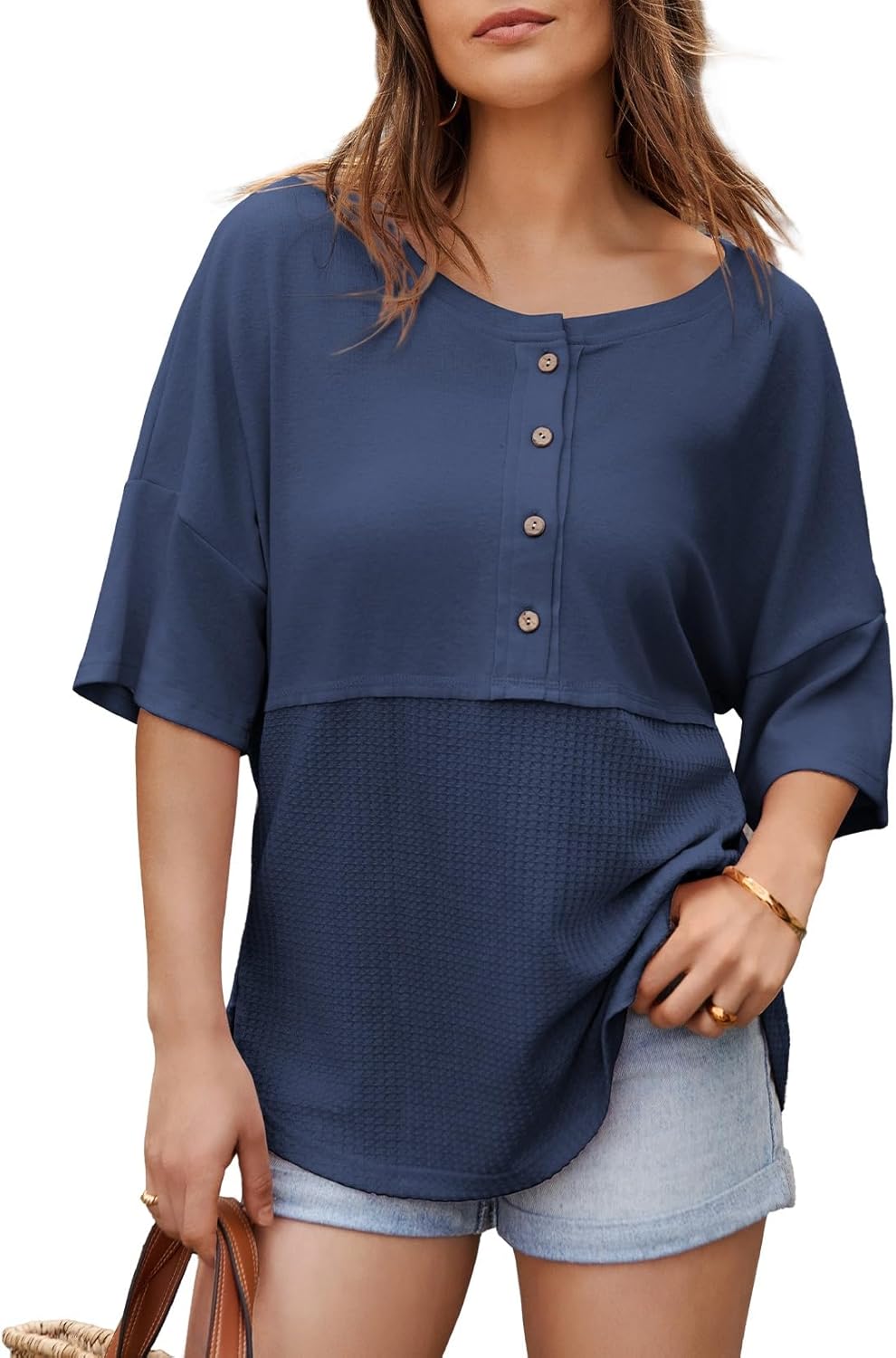 Dokotoo Womens Waffle Knit Tops 2026 Fashion 3/4 Sleeve Casual Button Down Shirts Crew Neck Oversized Patchwork Blouses - Image 4