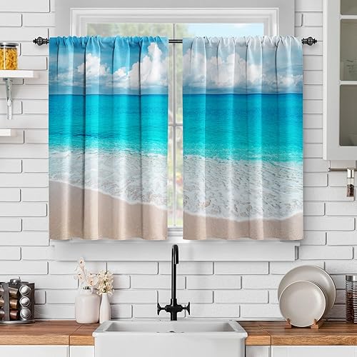 Jekeno Cortinas de cocina con estampado de playa y océano, color azul de verano, vista de mar tropical, cielo, playa, decoración del hogar,