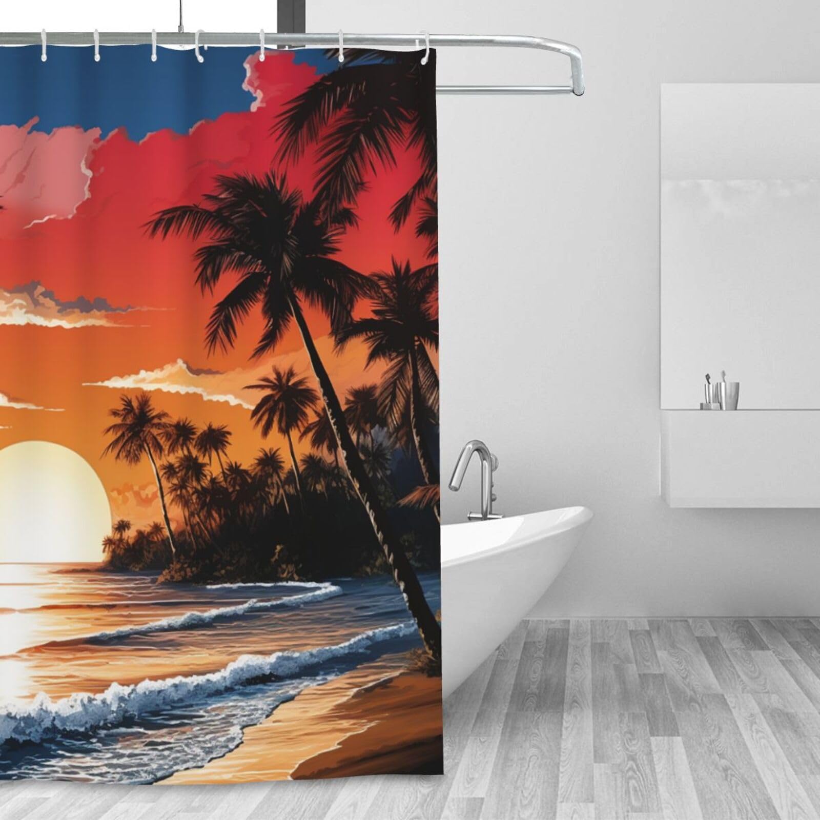 Rideau de douche coucher de soleil et palmiers étanche 180x200cm pour salle de bain moderne