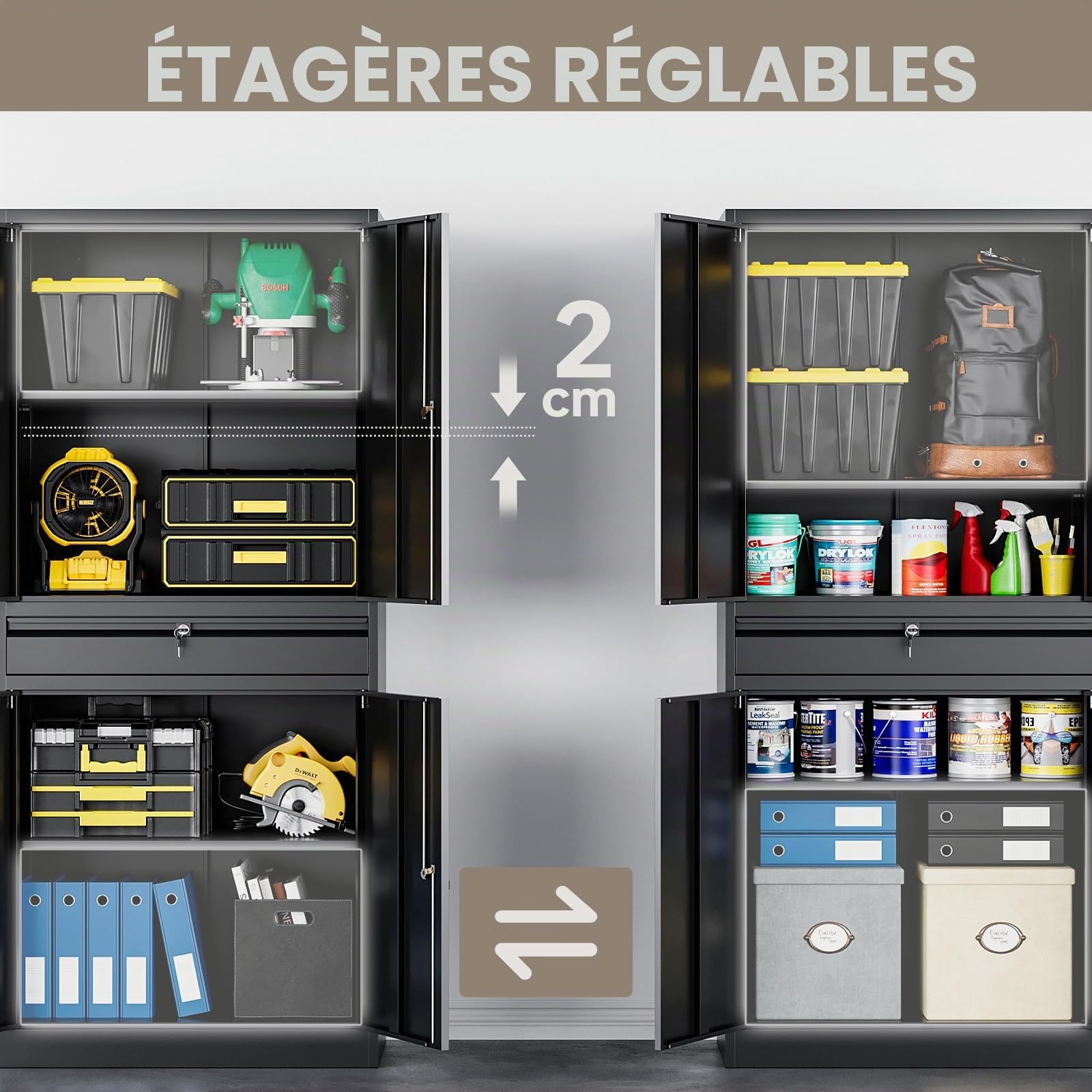 Sightlife Armoire à Outils en métal Armoire Multifonction en Acier avec cloisons réglables verrouillable, revêtement par Poudre 180 x 40 x 80 cm Noir (sans Roues)