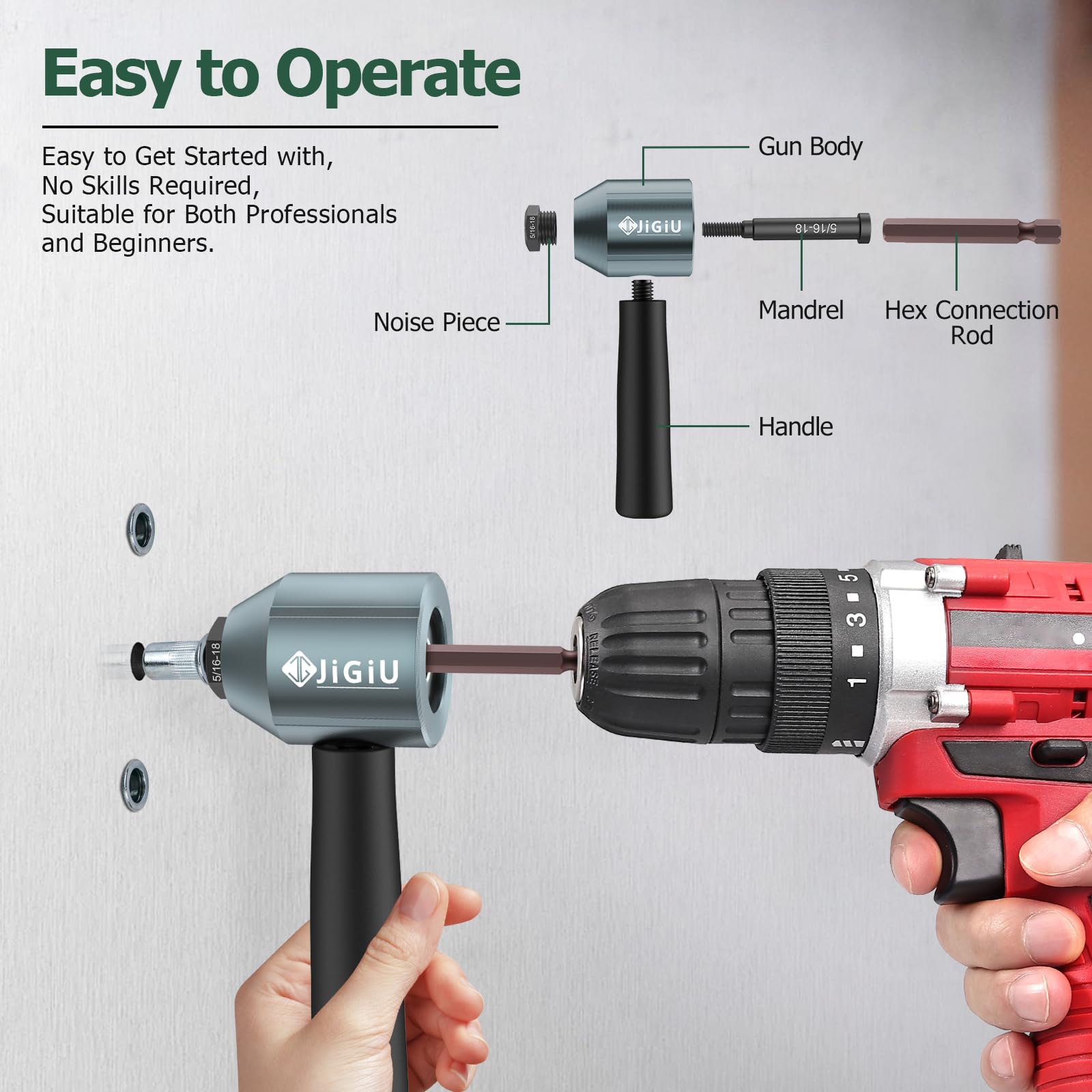 JiGiU Kit de adaptador de taladro de tuerca remache inalámbrico, adaptador de pistola de remache eléctrica con 11 mandriles y 100 tuercas, adaptador de pistola de tuercas eléctrica fácil de instalar
