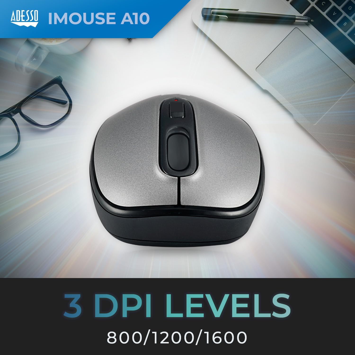 Bezprzewodowa mysz optyczna iMouse A10, technologia RF 2,4 GHz, 800/1200/1600 DPI, obsługa prawo- i leworęczna, z nano, kompatybilna z Windows i Mac, działa na powierzchniach szklanych, drewnianych i