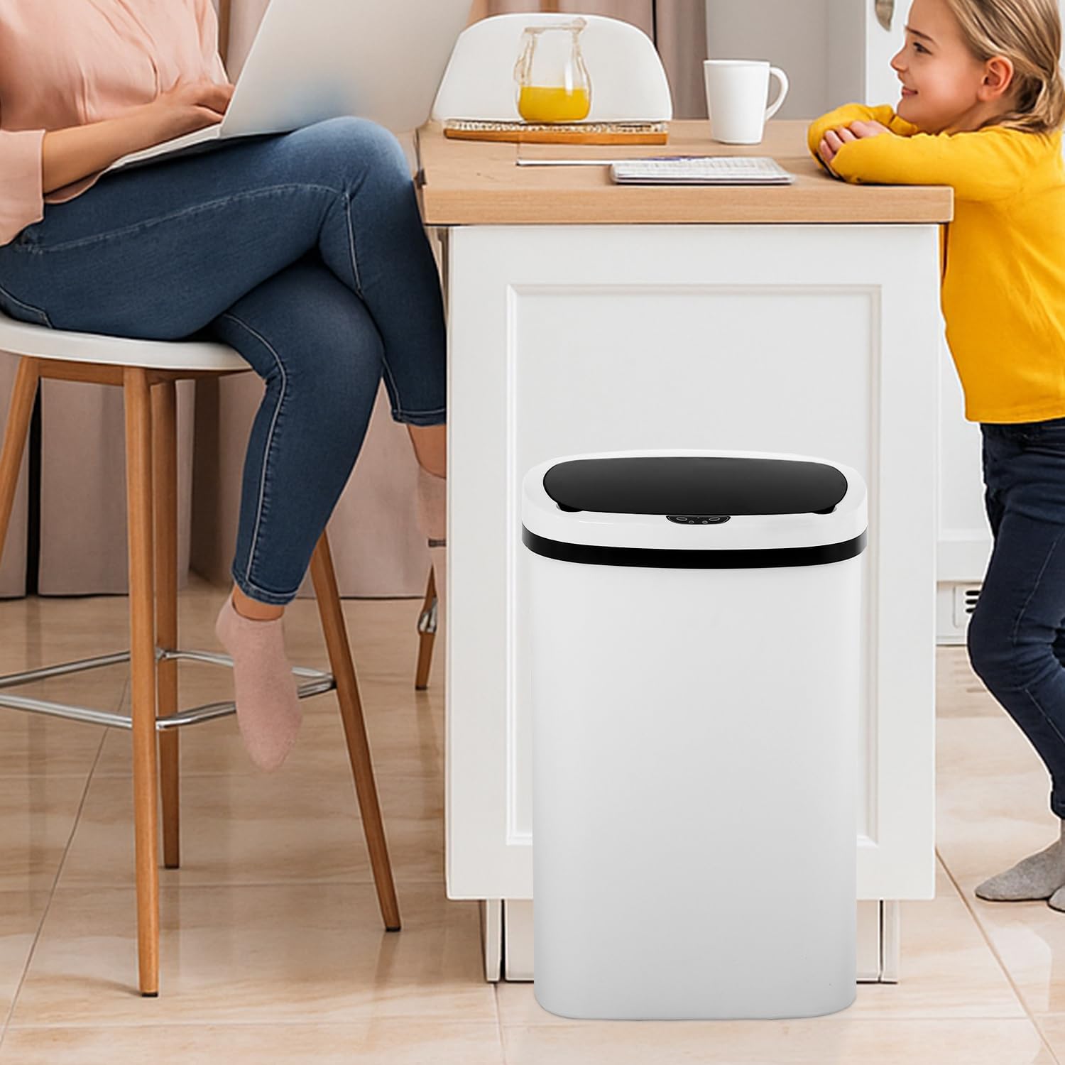 Dopinmin 13 Gallon Kitchen Garbage Can 50L Trash Can Garbage Bin Beautiful Trash Bin with Lid Sensor Automatic for Office Bedroom Living Room,White