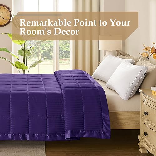 Miniatura 3 de downluxe Manta de tamaño King con ribete satinado, ligera, alternativa al plumón para todas las estaciones, lavable a máquina (morado, 90 x 108