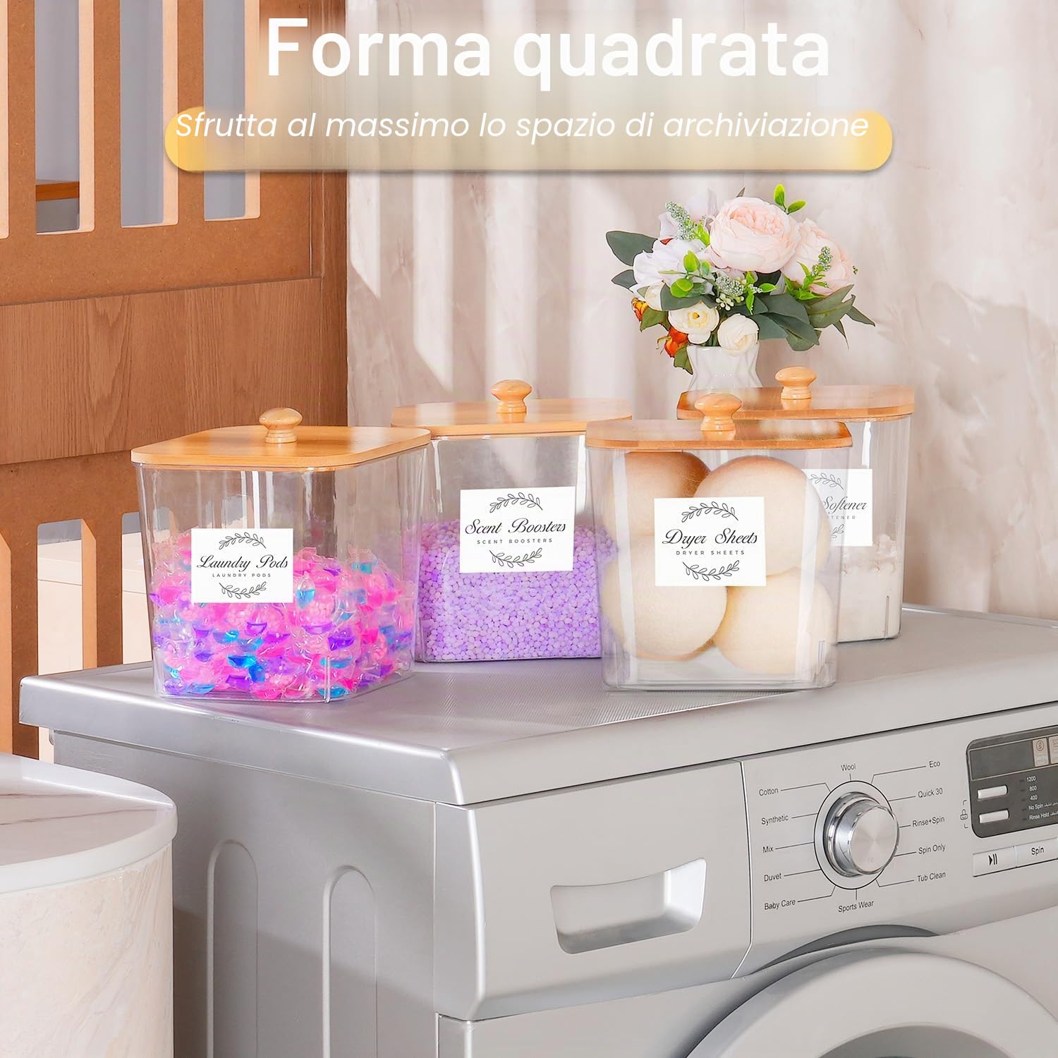 4 Grandi Contenitori per Capsule per Il Bucato, Contenitore per Detersivo con Coperchio, Contenitore Multiuso per Detersivo con 16 Adesivi e 4 Cucchiai per Lavaggio in Polvere, Fogli di Detersivo