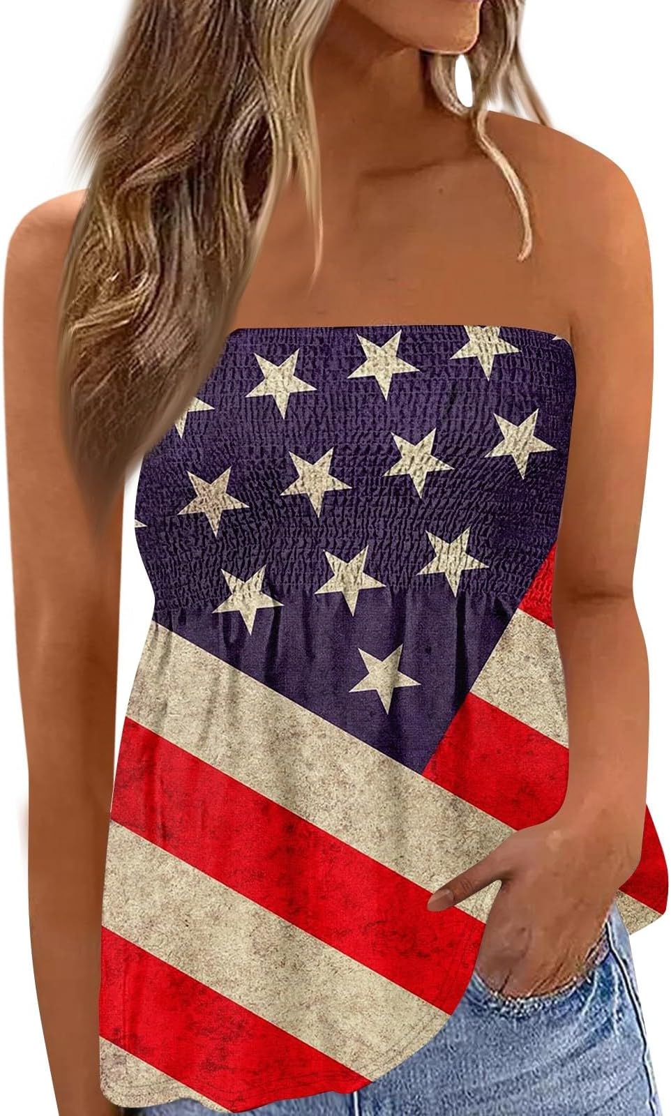 Funny 4Th of July Shirts Indenpence Day Tank Tops Casual Summer Smocked Sleeveless Bustier Blouses Sexy Basic T Shirt