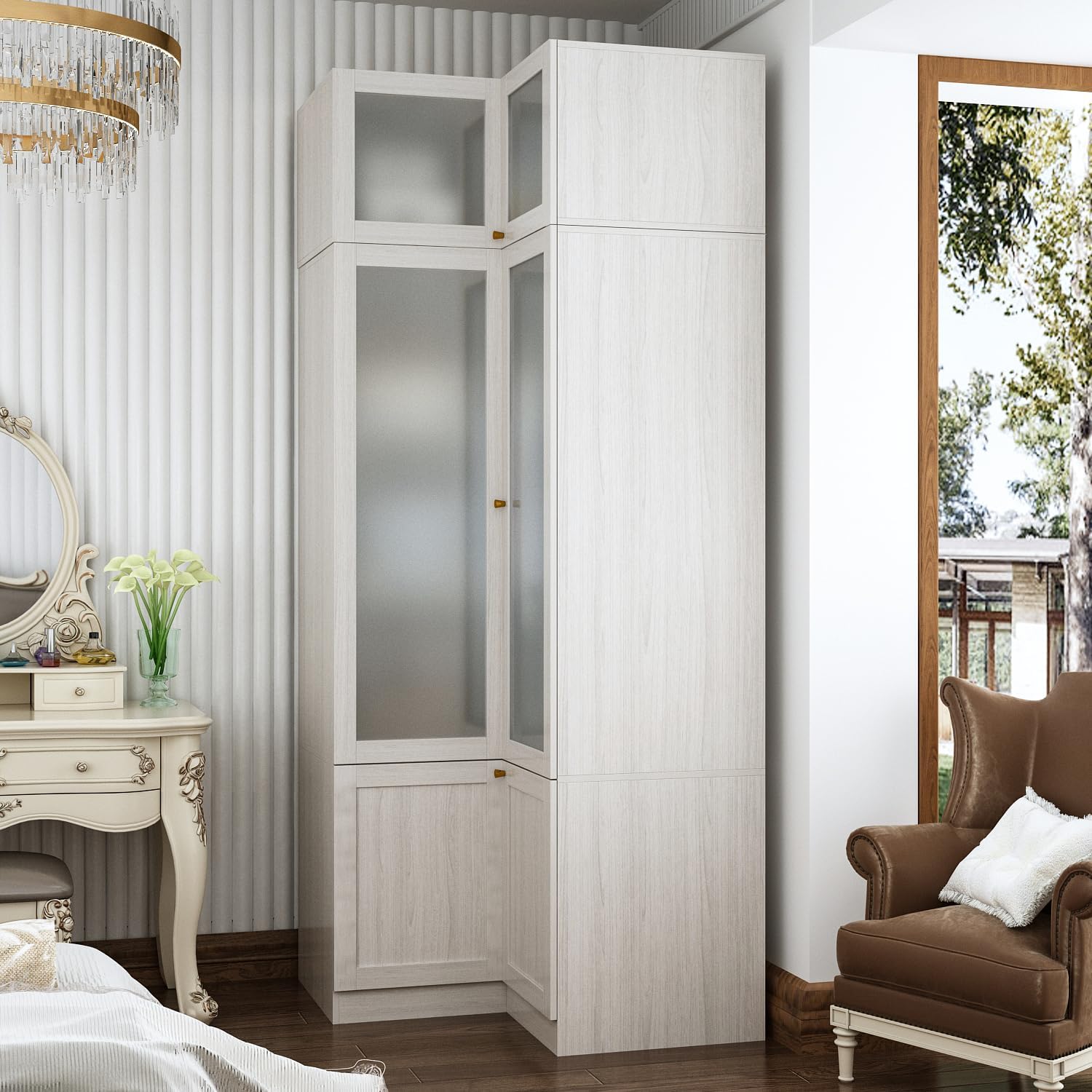 MOUMON 86.6" L-Shaped Corner Wardrobe with Frosted Glass Doors, Armoire Closet with Hanging Rod, Top Storage, Space-Saving, Light Oak 35.4”W x 35.4”D x 86.6”H