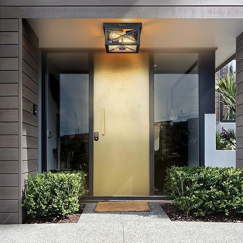 Miniatura 5 de Lámpara de techo al aire libre con sensor de movimiento, montaje empotrado negro para casa de granja, porche, sensor ajustable, 2 luces cerca de la