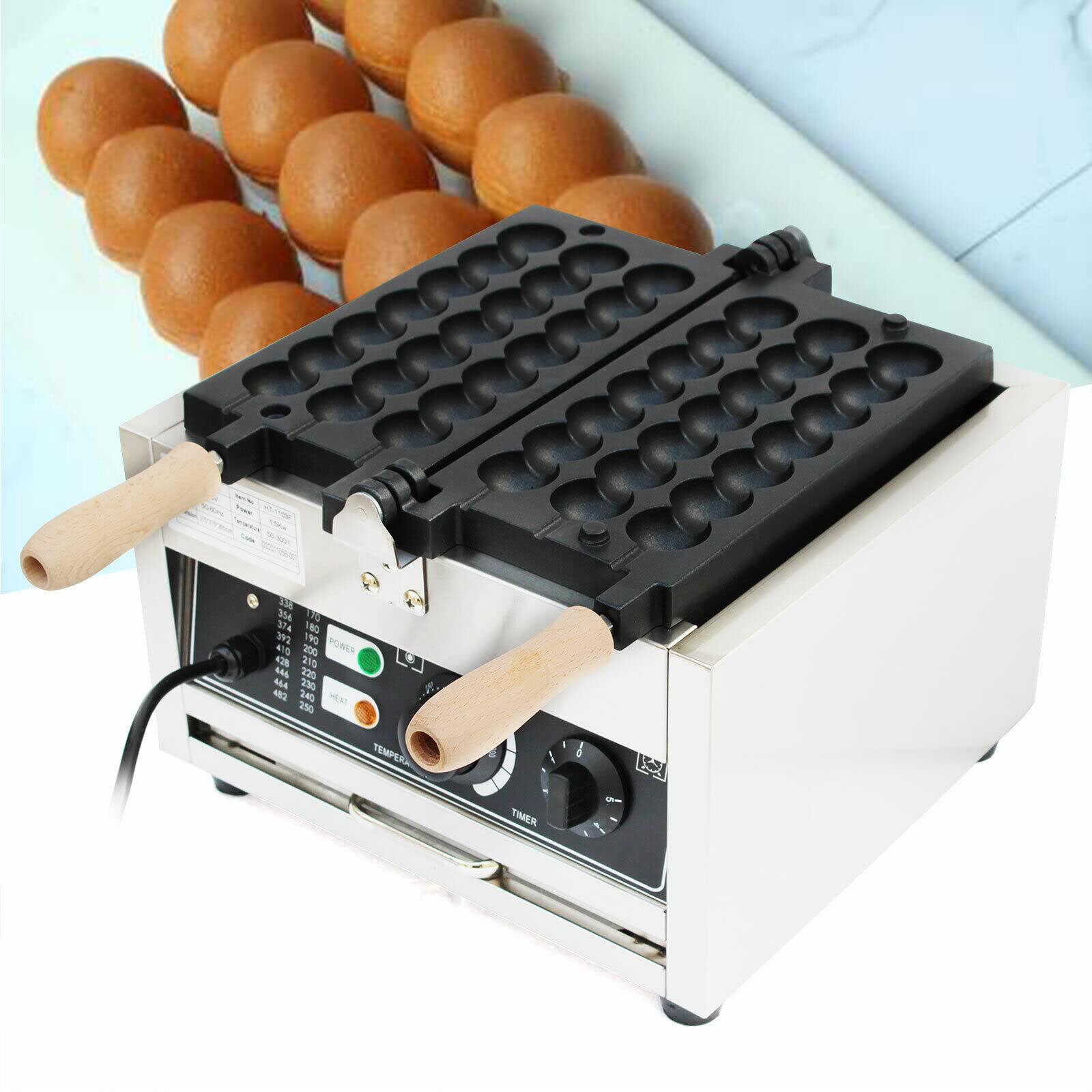 42 PCS Commercial Donut Rock Sugar Gourd Ball Waffle Maker Waffle Baker Machine Nonstick Egg Hot Dog Baker Machine 1500W for Bakeries with Wood Handle, Restaurants, Kiosks, Canteens