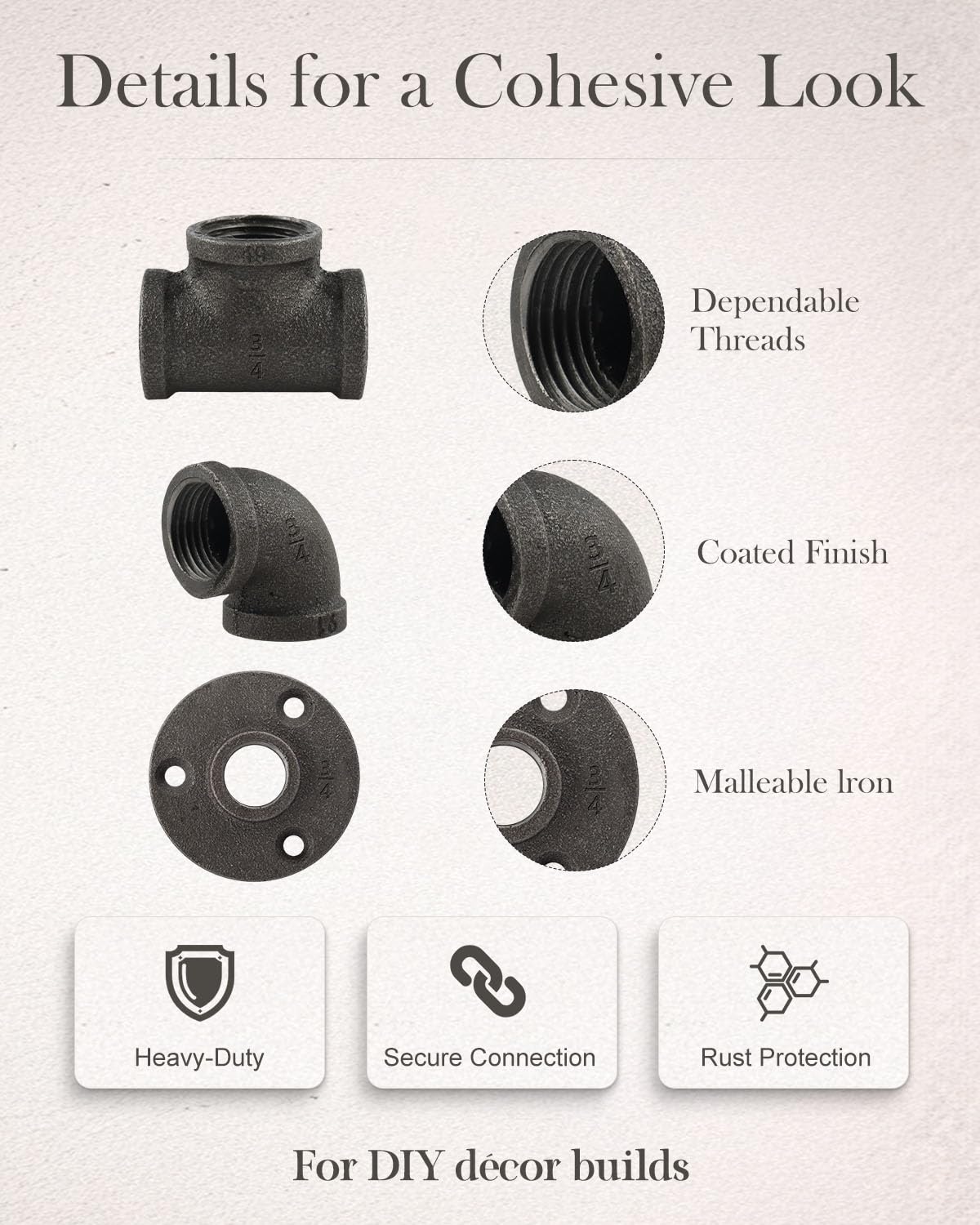 Paquete de 60 accesorios de tubería de hierro fundido de 3/4 pulgadas (20 codos, 20 tees, 20 bridas), tubo industrial para tuberías y accesorios negros roscados, estilo vintage industrial