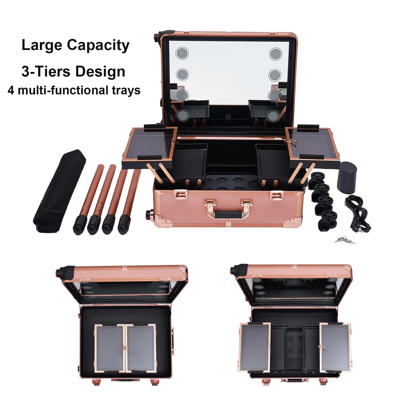 Walizka na kosmetyki na kółkach, kuferek na kosmetyki z 4 szufladami, walizka na paznokcie z oświetleniem, regulowana wysokość i jasność, zamykane pudełko (różowe złoto)