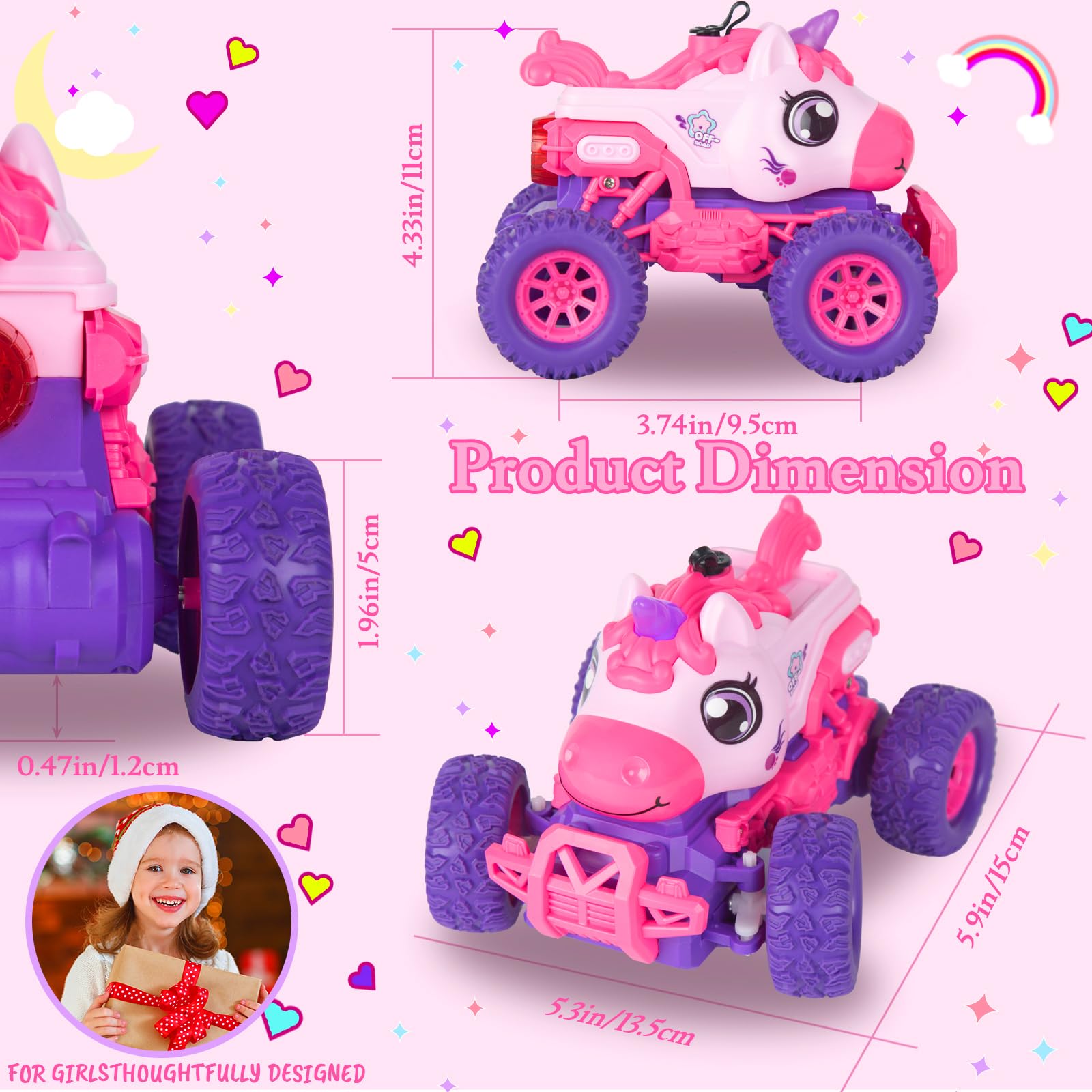 iBlivers Samochody z jednorożcem ze zdalnym sterowaniem dla dzieci, samochód zdalnie sterowany z jednorożcem, RC Monster Truck z jednorożcem z rozpylaczem LED, zabawka z jednorożcami dla dziewczynek