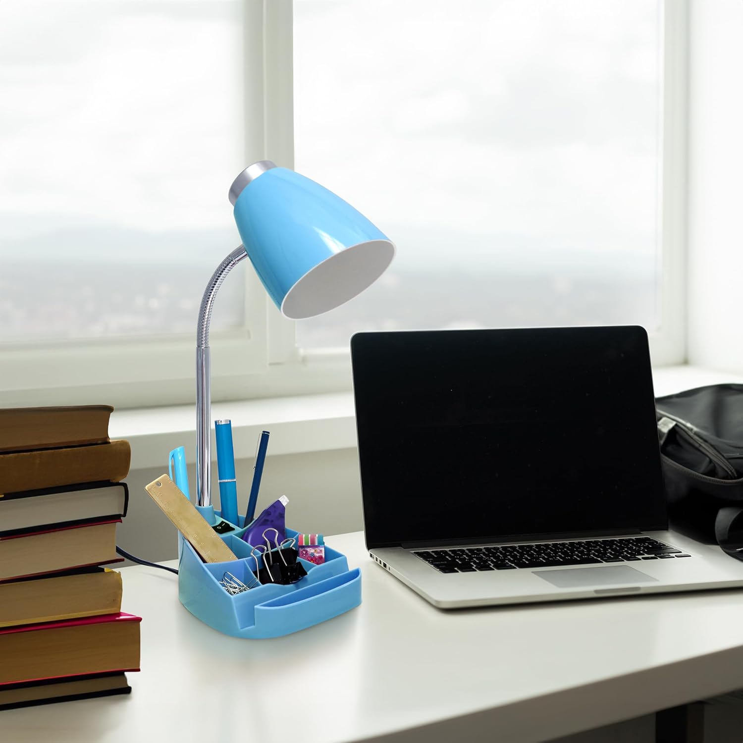 Simple Designs LD1067-BLU Compartmental Desk Lamp with iPhone/iPad/Tablet Stand, Bendable Gooseneck, for Office, Living Room, Nightstand, Library, Entryway, Blue