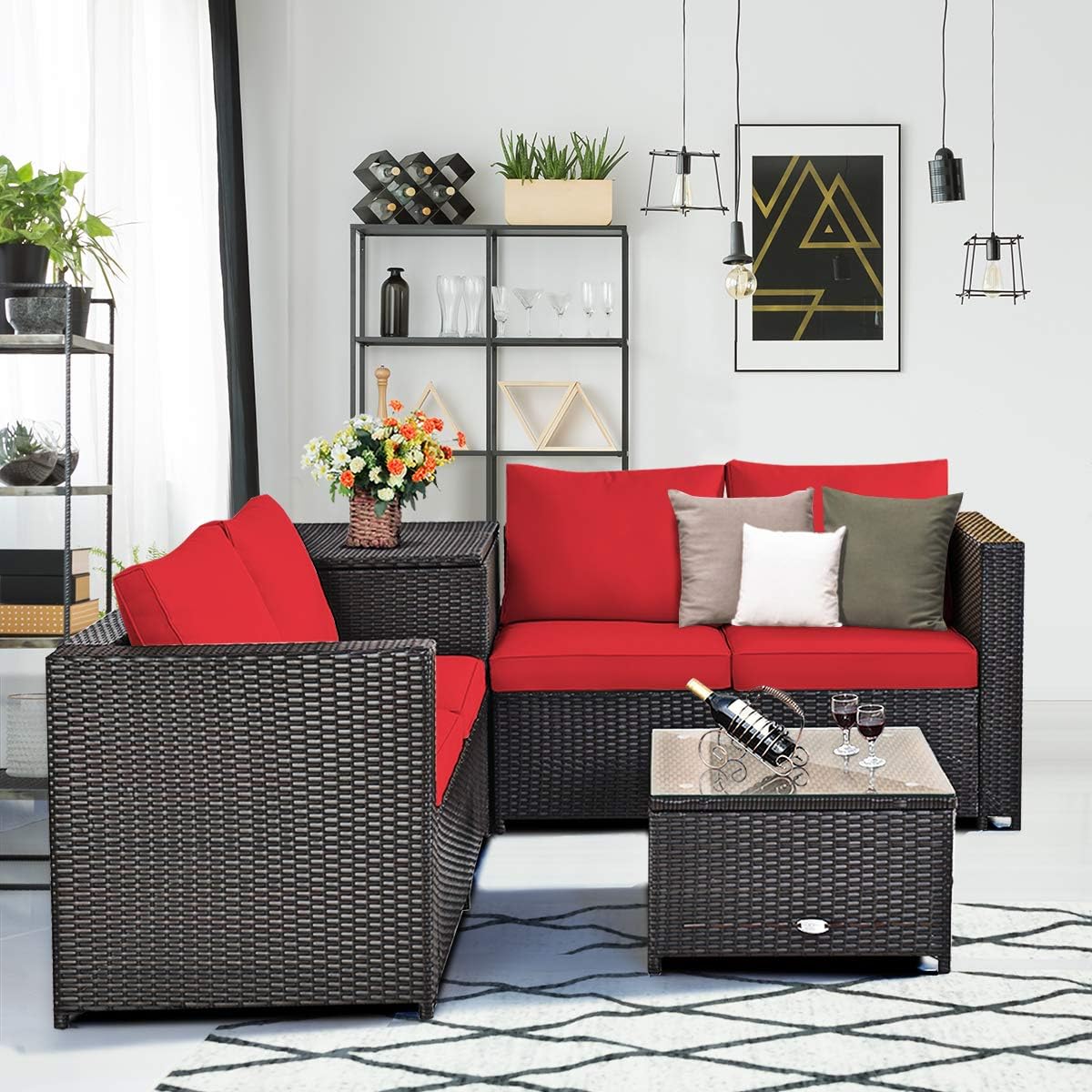4 Pieces Wicker Patio Furniture Set, Outdoor Rattan Sectional Furniture Patio Set with Storage Box & Tempered Glass Tabletop, Outdoor Conversation Set for Garden, Backyard, Poolside (Red)