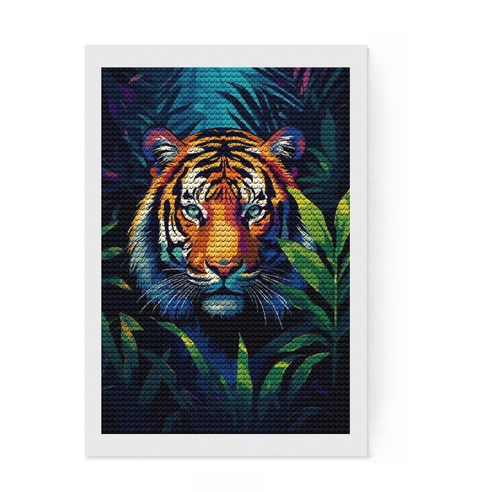 Junmoney Tiger Jungle Pixel Art DIY Diamond Art Canvas Kit 8"x12", Bedroom Decor, for Craft Lovers, Full Kit Included, Thoughtful Handmade Gift
