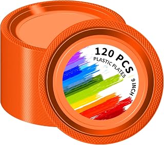 120 PCS Orange Plastic Plates, 9 Inch Disposable Dinner Plates for Party Heavy Duty Plastic Dinnerware Sets for Wedding Easter Picnic BBQ (Orange, 9")