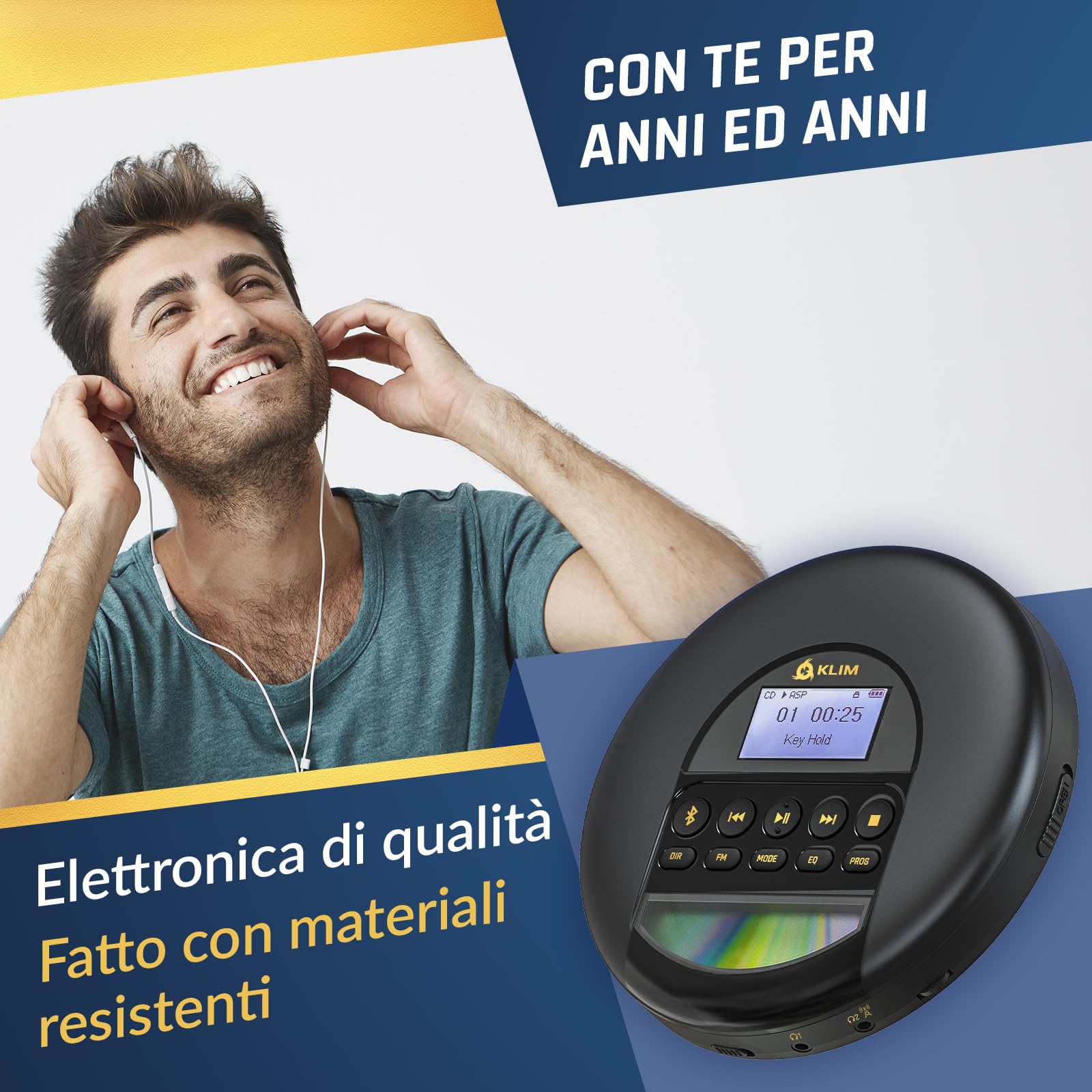 KLIM Nomad - Lettore CD Portatile - Batteria a Lunga Durata - Include Auricolari KLIM Fusion - Compatibile con CD-R CD-RW MP3 - Lettore SD, Radio FM, Bluetooth - Ideale per Auto - Hi-Fi - NUOVO - Oro