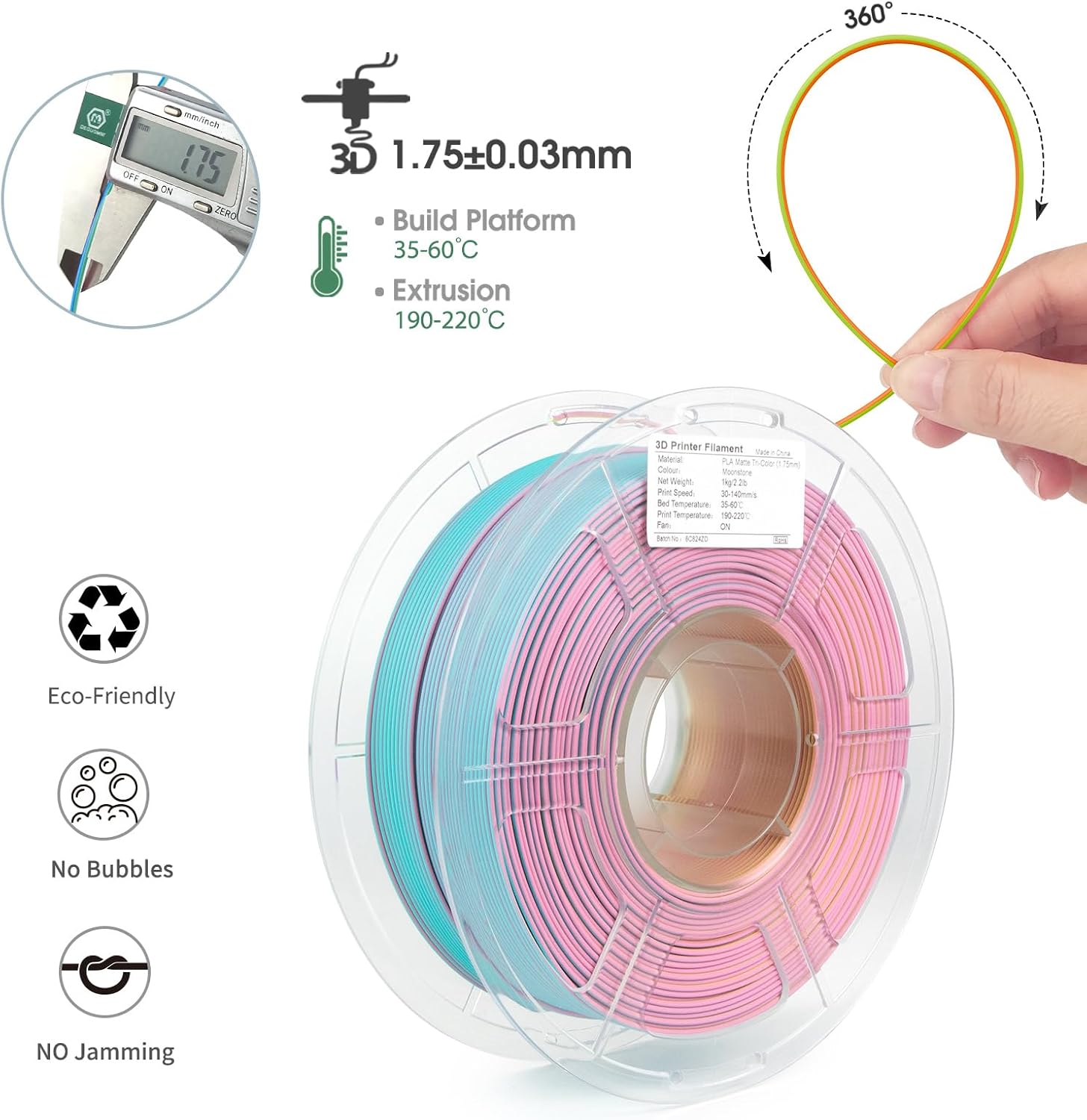 iSANMATE Matte 3D Printer Filament, 3-in-1 Color Rainbow Filament, Coextrusion 3D Filament, Rapid Magic Color Change Filament 1.75mm, Dimensional Accuracy +/- 0.03 mm, Moonstone 1KG/Spool