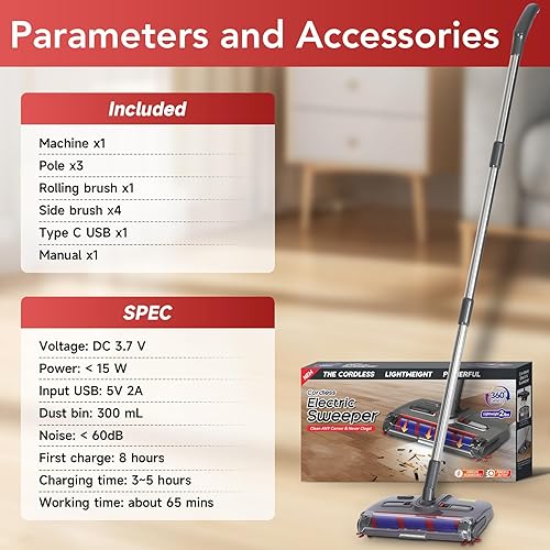 Miniatura 6 de Barredora inalámbrica giratoria, barredora inalámbrica recargable, escoba eléctrica recargable, escoba eléctrica para el hogar
