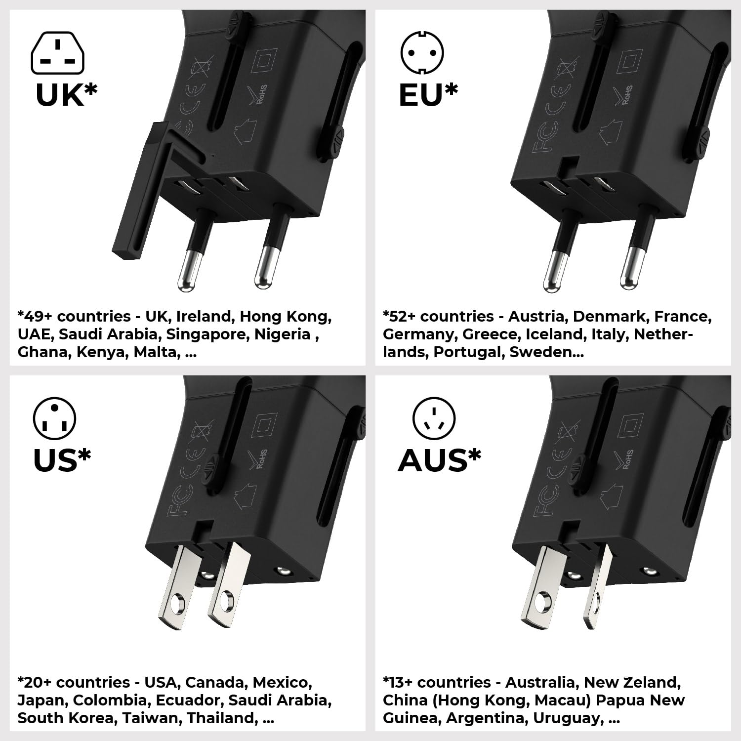 Hero Universal-Reiseadapter 2 Stück | Mit 2x USB-A + 1x USB-C, Für über 100 Länder – Inkl. Sicherung & Tragetasche