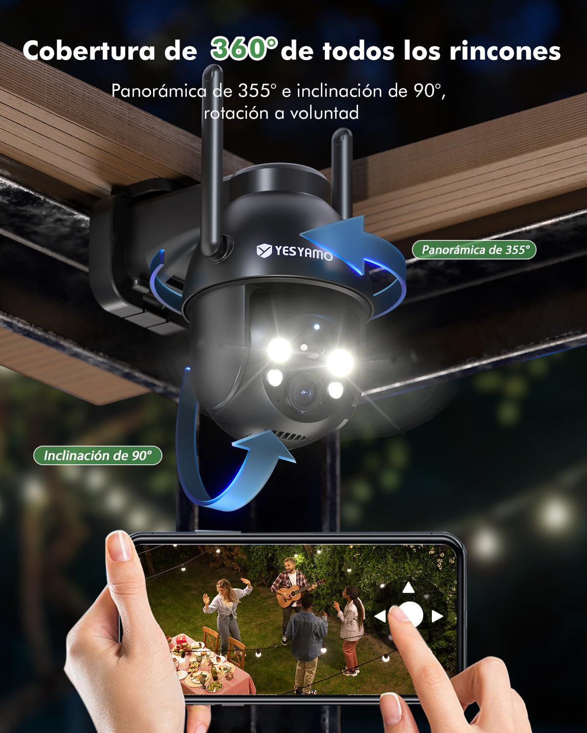 YESYAMO 2K Cámara de vigilancia WiFi Exterior inalámbrica Solar, 2.4GHz cámara Exterior Solar con Panel Solar, 360grados PTZ, visión Nocturna Color, Audio bidireccional, Sirena PIR (Negro)