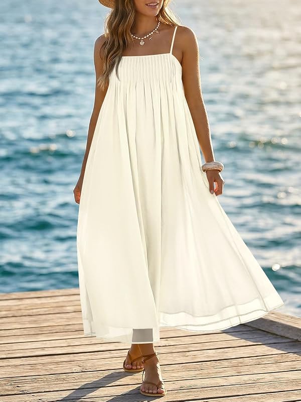 Wenrine Womens Summer Sleeveless Maxi Dresses Casual Adjustable Spaghetti Strap Loose Flowy Boho Beach Sundress with Pockets Beige by Wenrine - Used condition - Image 3