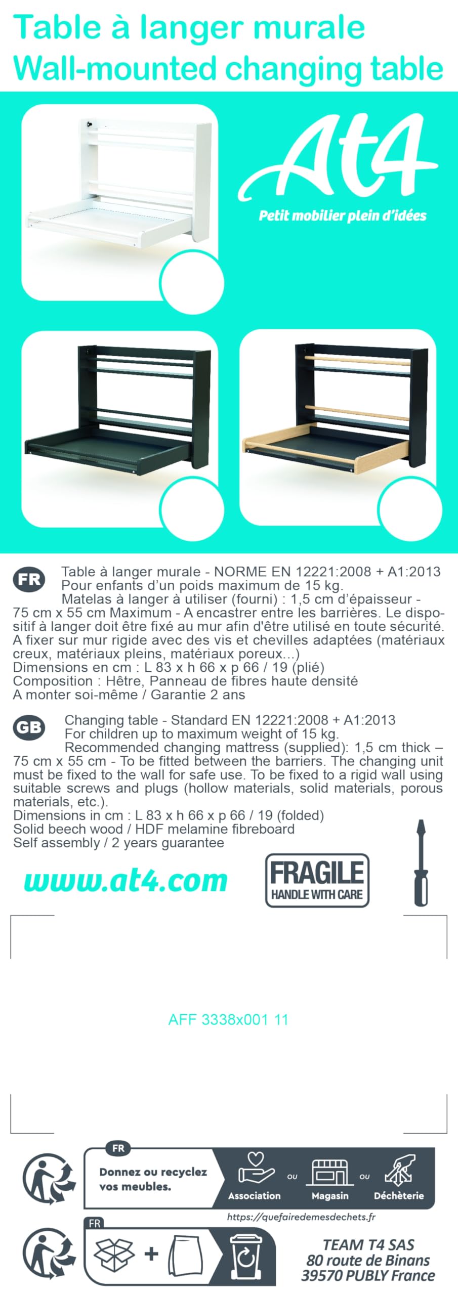 AT4 - Cambiador bebé pared plegable CONFORT madera - Blanco - 83 x 66 x 66 cm