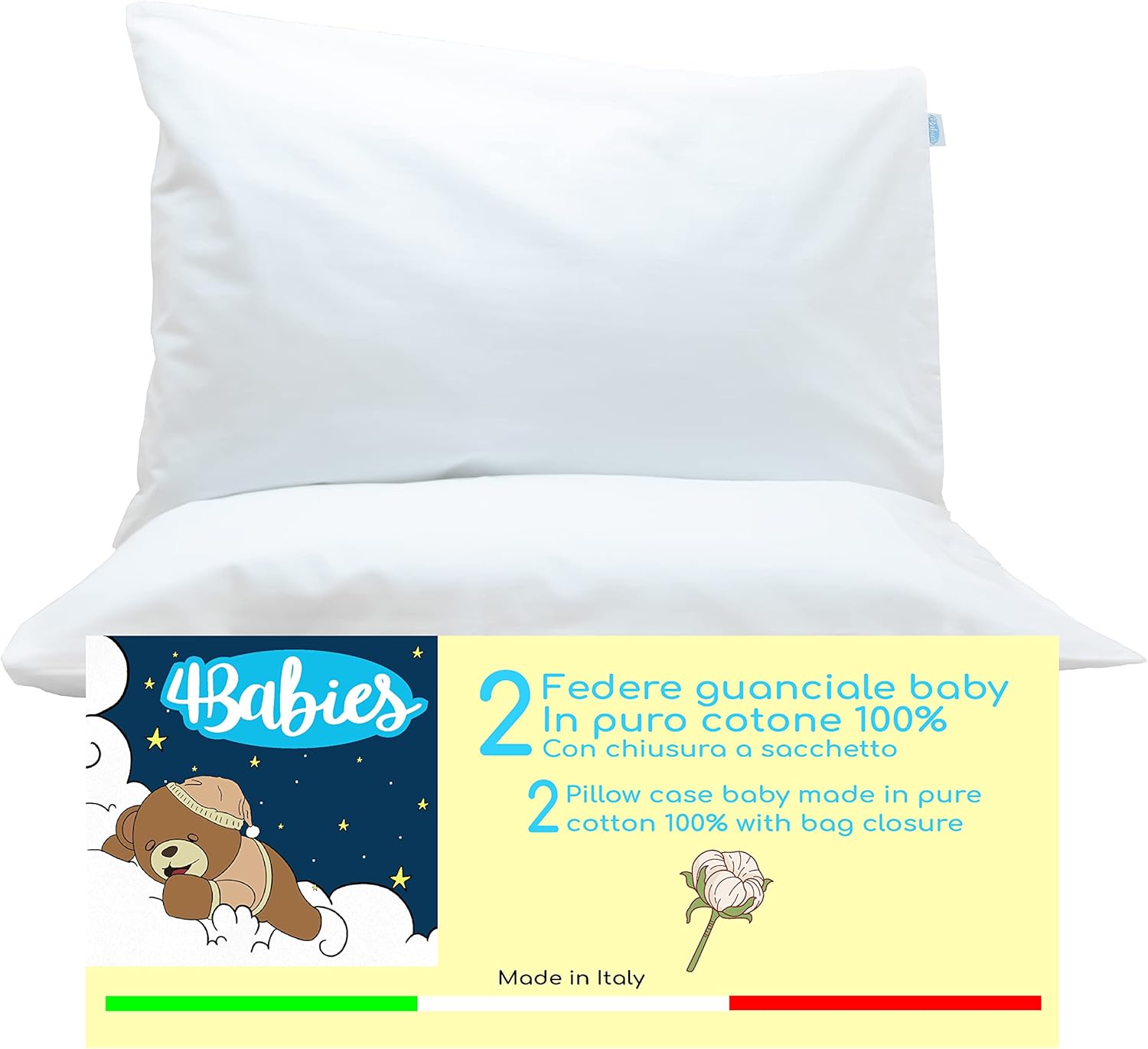 4BABIES - Funda de Almohada 50x30 cm para niño- Juego de 2 Fundas de Cojines para Cuna Bebe 100% Puro Algodón Fabricado en Italia - Cierre de sobre - Certificado Oeko-Tex - Blanco