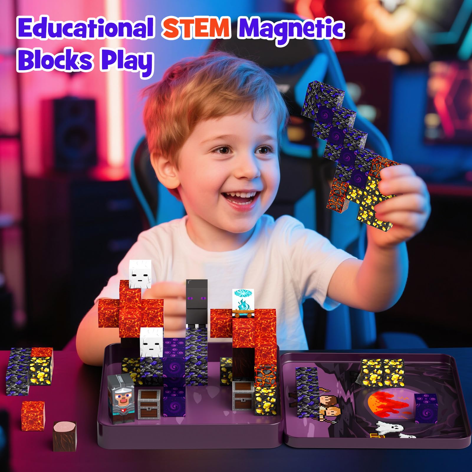 STEM MATCH Mattoncini magnetici da viaggio per bambini, scatola in ferro portatile giocattolo da costruzione magnetico regalo per bambini dai 3 anni in su (49pcs Esploratori delle caverne)