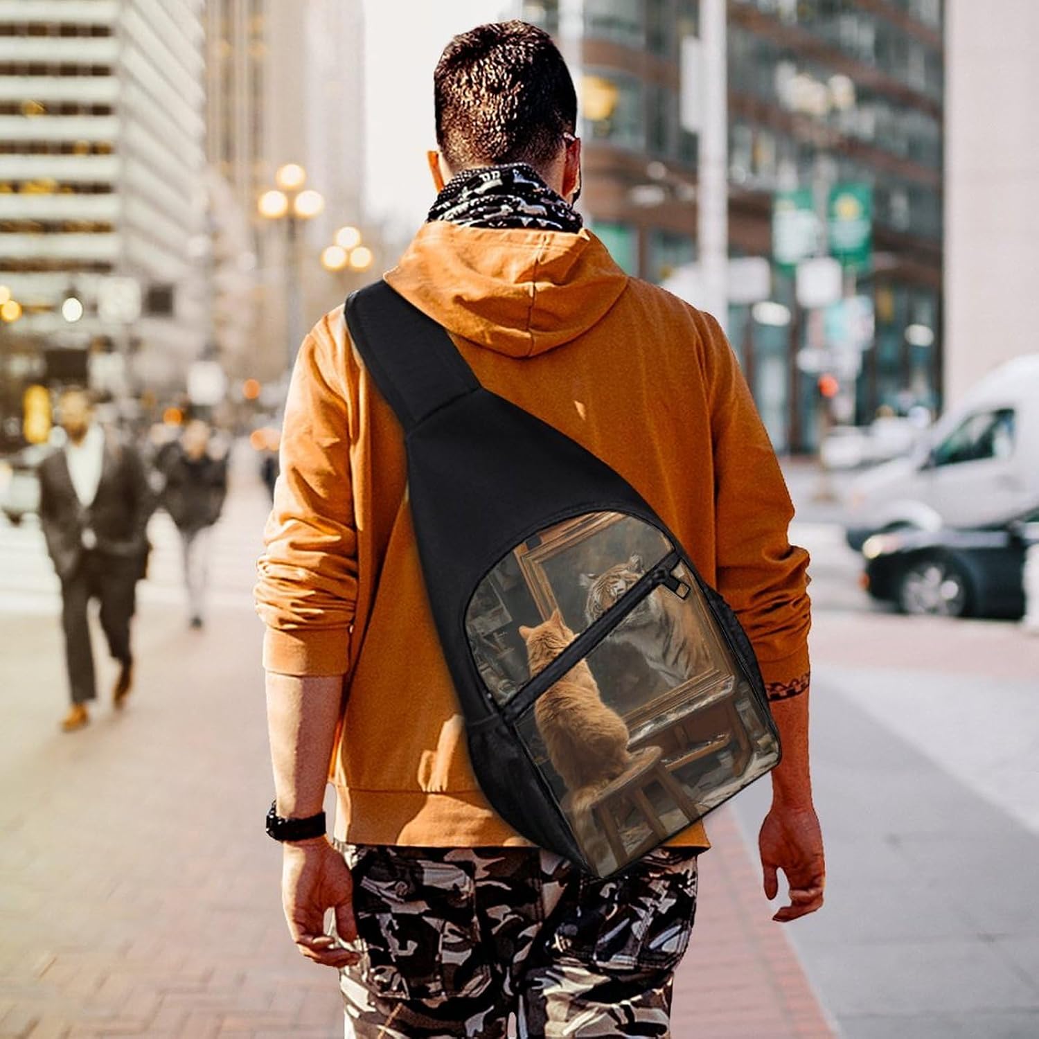 Cat Self Portrait Tiger Crossbody Sling Backpack Chest Bag Daypack | unisex,trendy,with convertible and detachable shoulder strap,side pockets