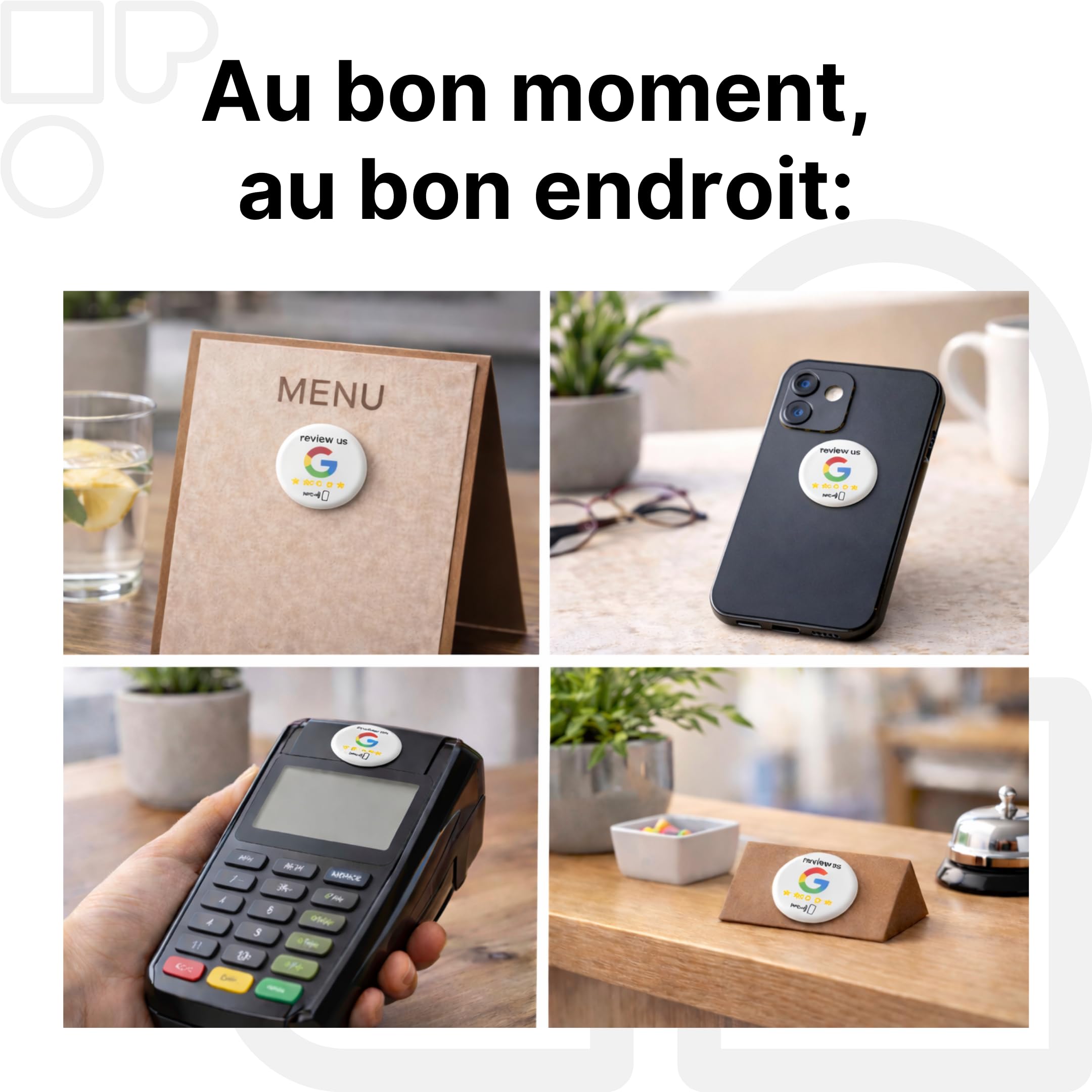 Lot de 2 autocollants Google NFC « Review us » sur Google NFC - 3 cm de diamètre - Collect plus de reviews instantanément avec un seul bouton - Auto-programmable et réutilisable - Parfait pour les