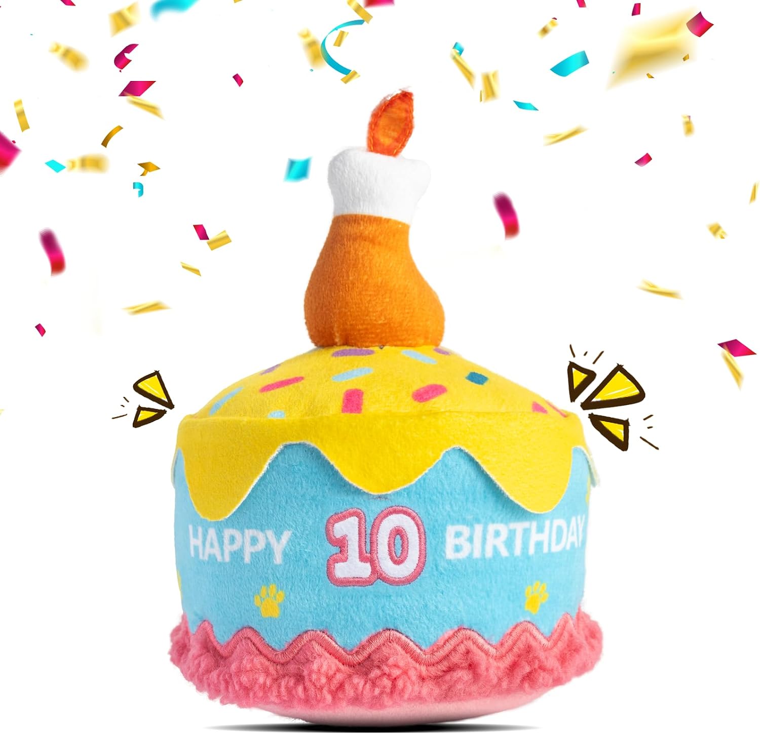 Dog Birthday Cake Toy, Larger Squeaky Plush Dog Birthday Party Decorations | Stuffed Dog Birthday Toy Cake Accessories Gifts for Large, Medium and Small Dogs (10th)