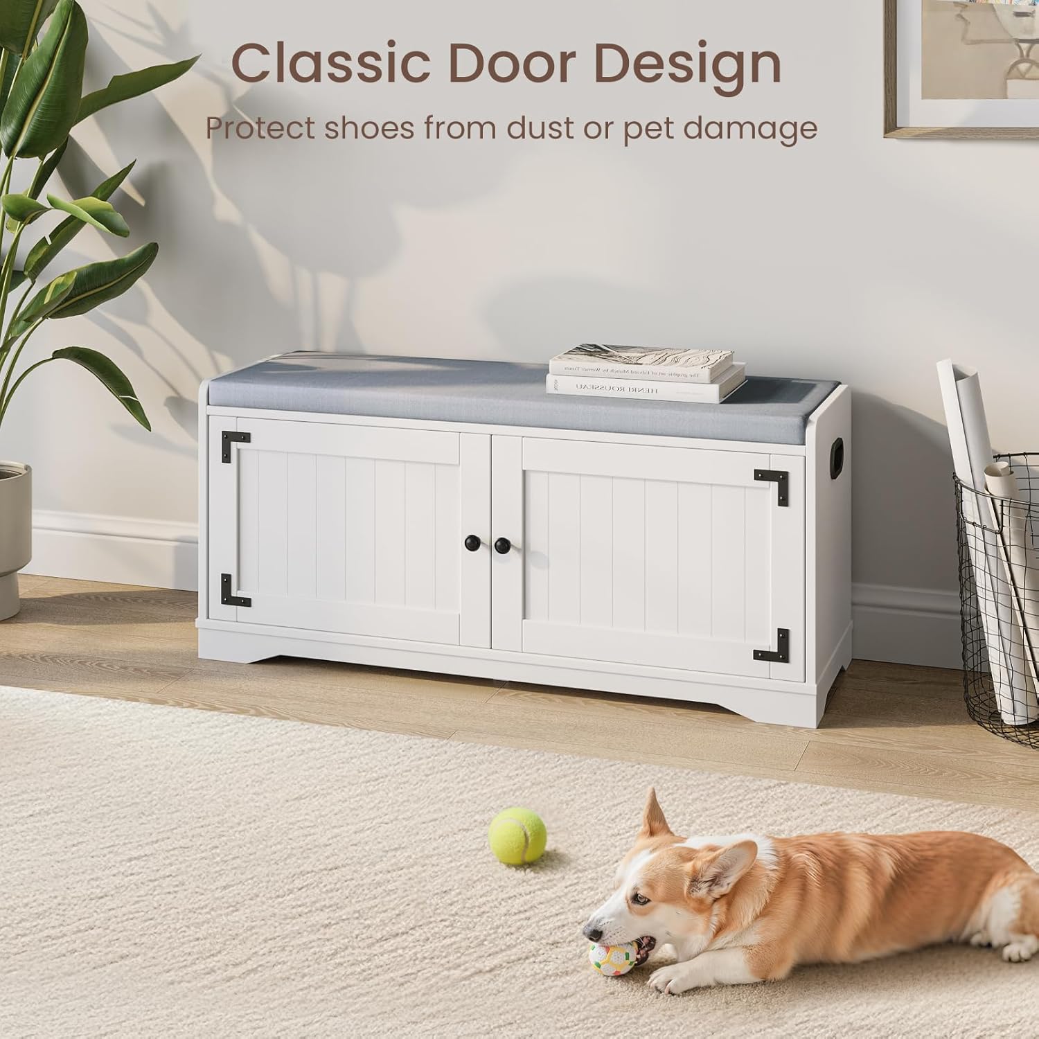 2-Tier Shoe Storage Bench, 39.4" W Shoe Bench with Padded Seat Cushion, Entryway Bench with Handles, 2 Doors, Adjustable Shelf for Living Room, Bedroom, Front Door, Hallway, Closet - White