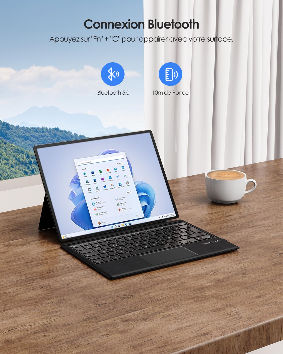 Clavier Français pour Microsoft Surface Pro 7 Plus/7/6/5/4/3, AZERTY sans Fil Bluetooth, Type Cover avec Pavé Tactile et Batterie Rechargeable-Noir