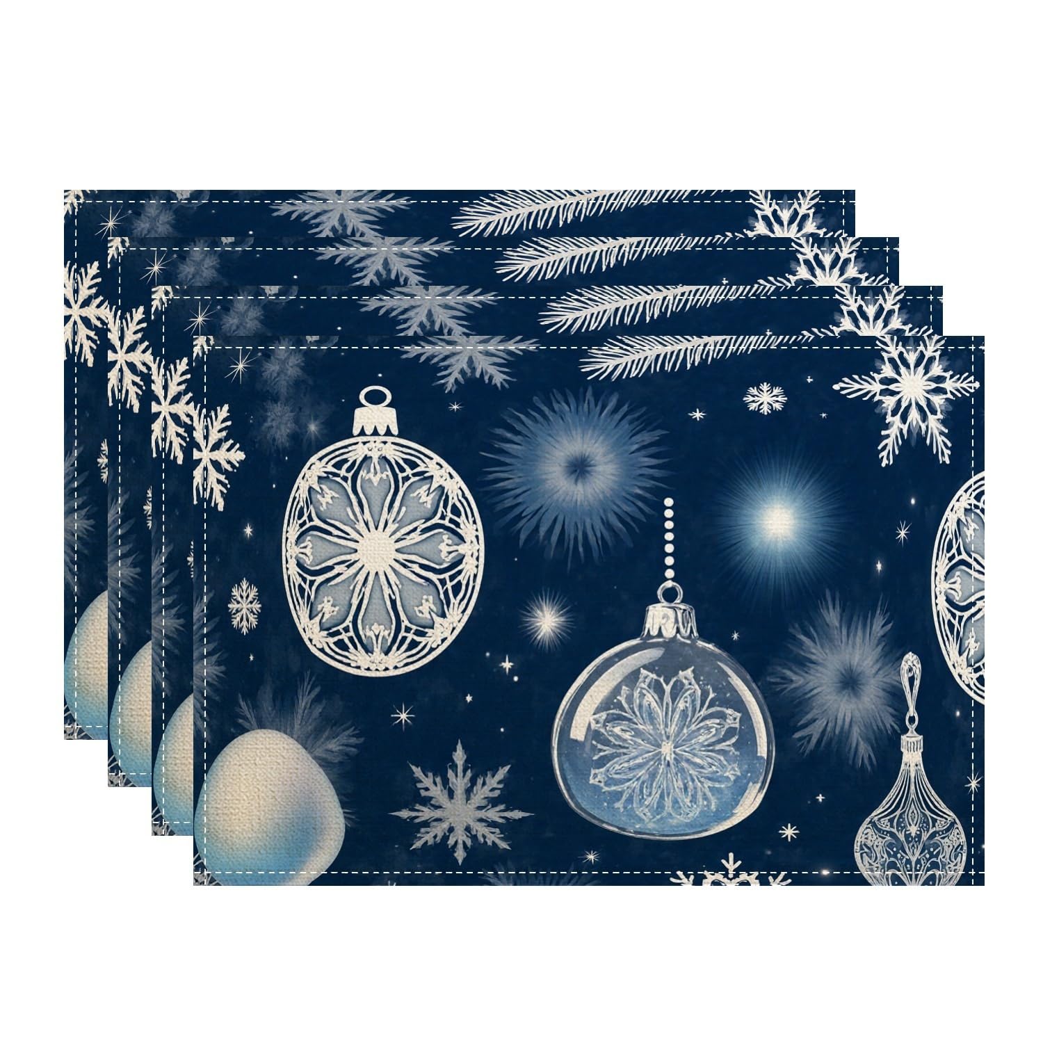 Christmas Snowflake and Ornament Placemats, Blue Winter Holiday Decorative Place Mats for Dining Table, Non-Slip Washable Indoor Outdoor Kitchen Party Set of 4