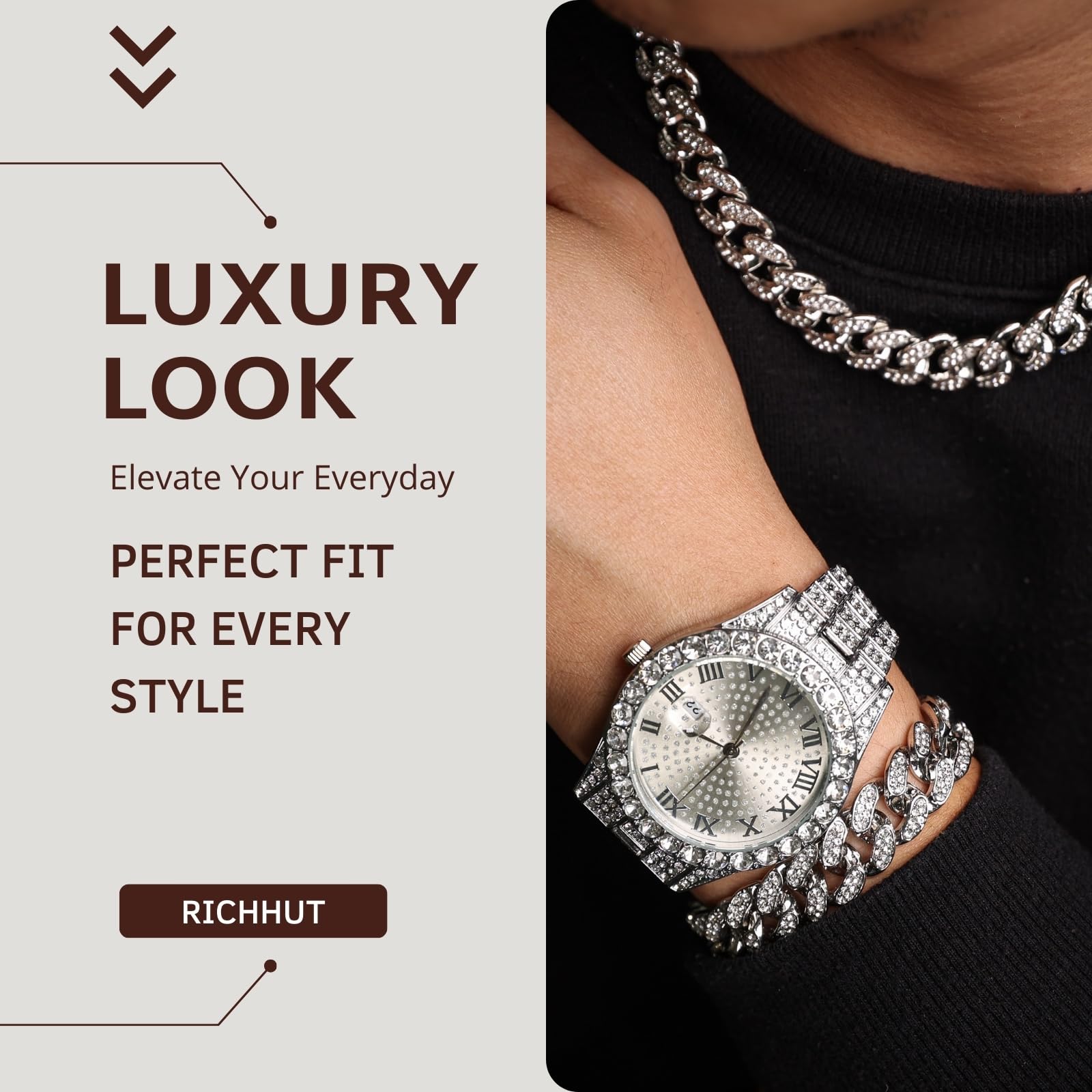 Reloj con Diamantes para Hombre Iced out Esfera Redondo Correa de 18MM Bañado en Oro Real de 18K/Oro Blanco Platino, con Cadena Cubana Opcional, Regalo para Novio Esposo