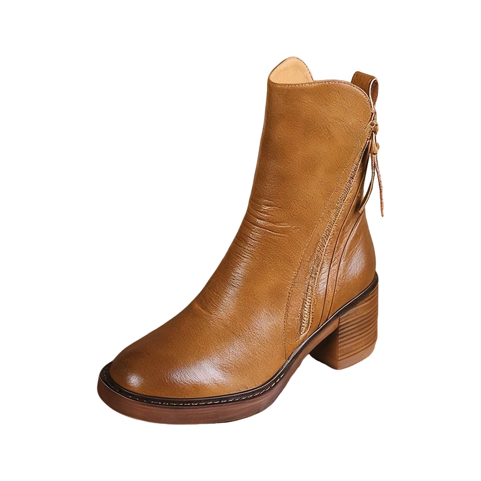Womens Leather Mid Calf Chunky Ankle Boots With Two Side Zippers Vintage Round Toe Stacked Block Heel Western