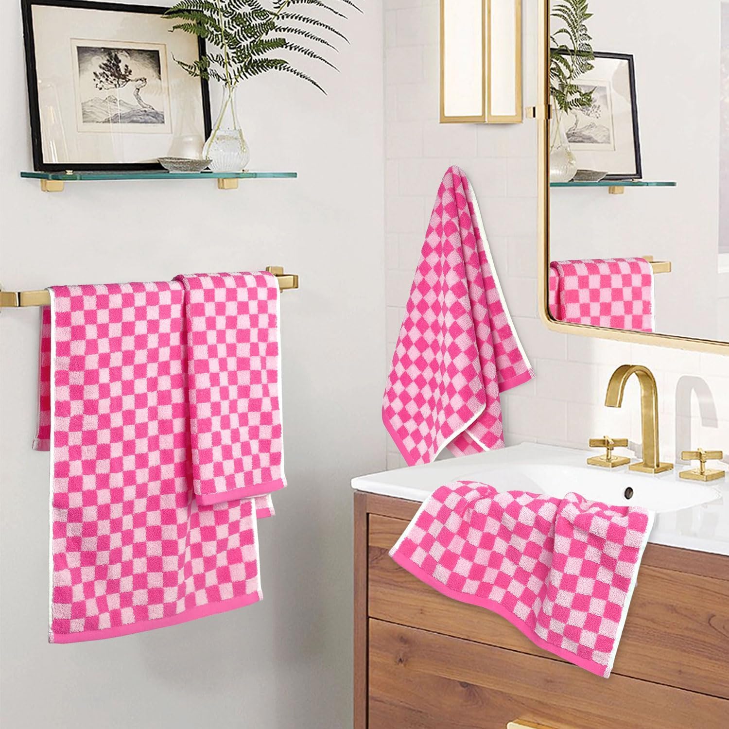 Jacquotha  and White Hand Towels 4 Pack, Cotton Decorative Bathroom Hand Towels & Checkered Kitchen Decor, 13" x 29"