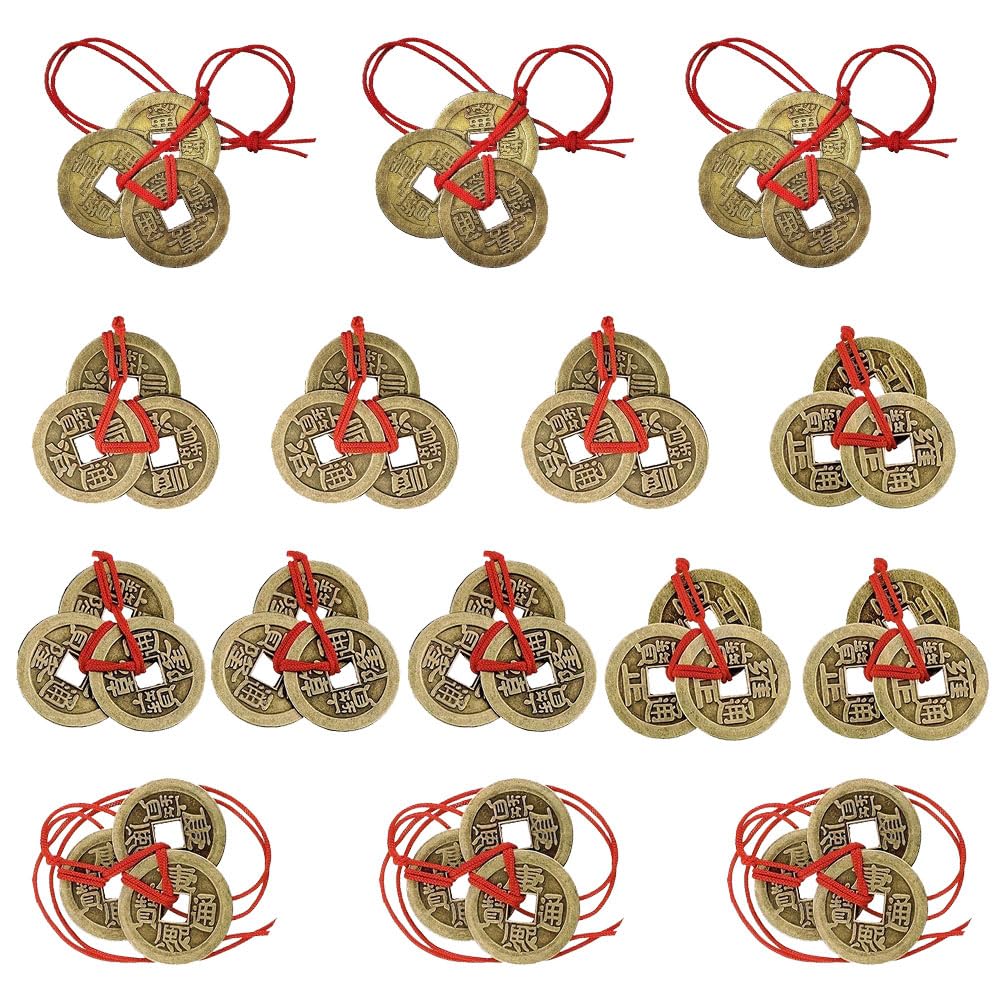 TONGIHS 15 Pack Fengshui I-Ching Coins with Red String, Chinese Fortune Coins Feng Shui Coins