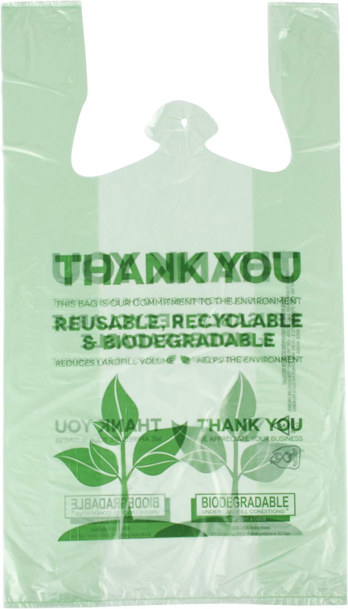 KitchenDine Eco Green Plastic Bags - Biodegradable T-Shirt Shopping Bags - Grocery Thank You Take Out Bags - 22" x 12" Carry Out Reusable Bags (200)