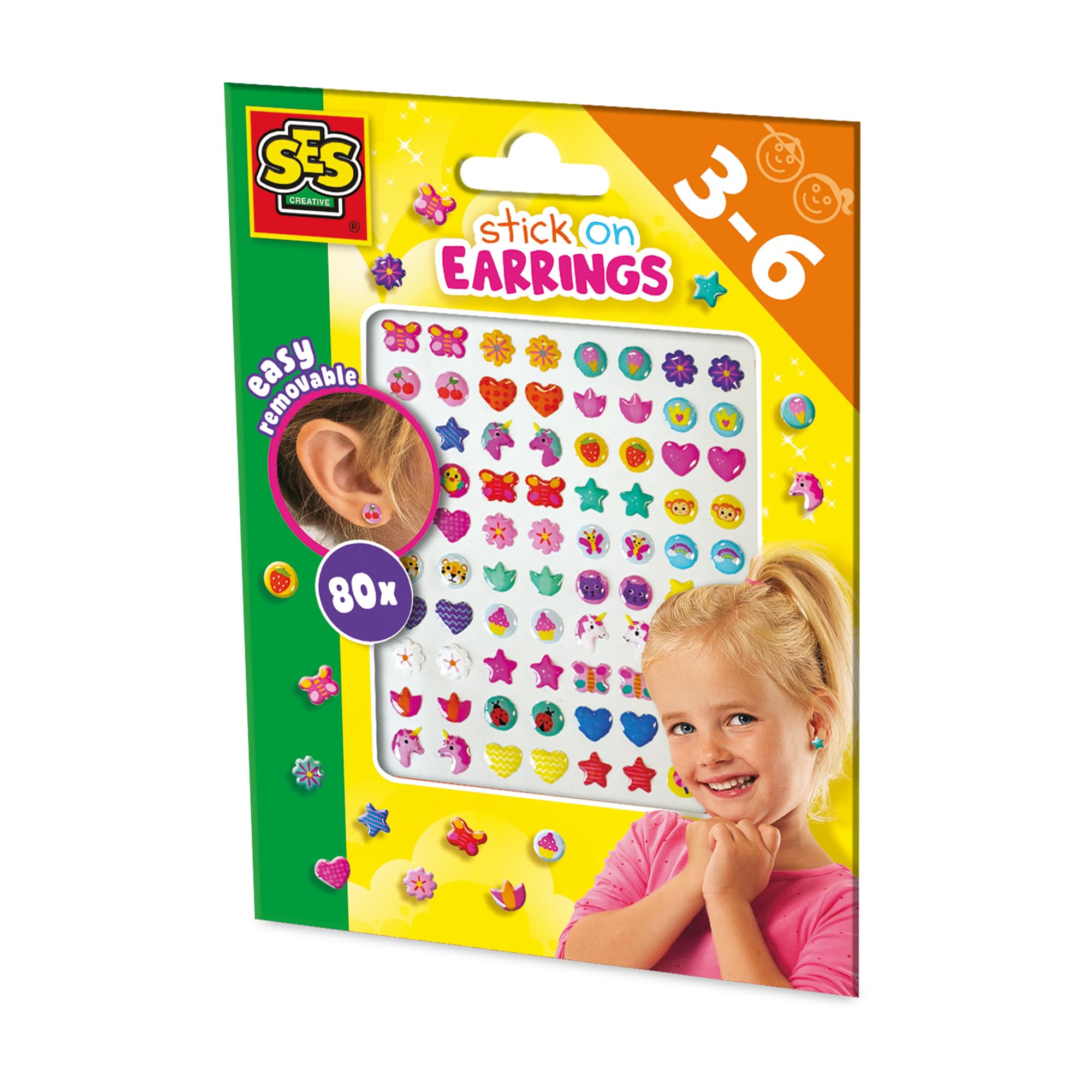 SES Creative 14049 Stick On Earrings - Creative Play Kit for Kids Aged 3+ - Safe Materials - 80 Fun and Stylish Earrings for Pretend Play - No Piercing Needed